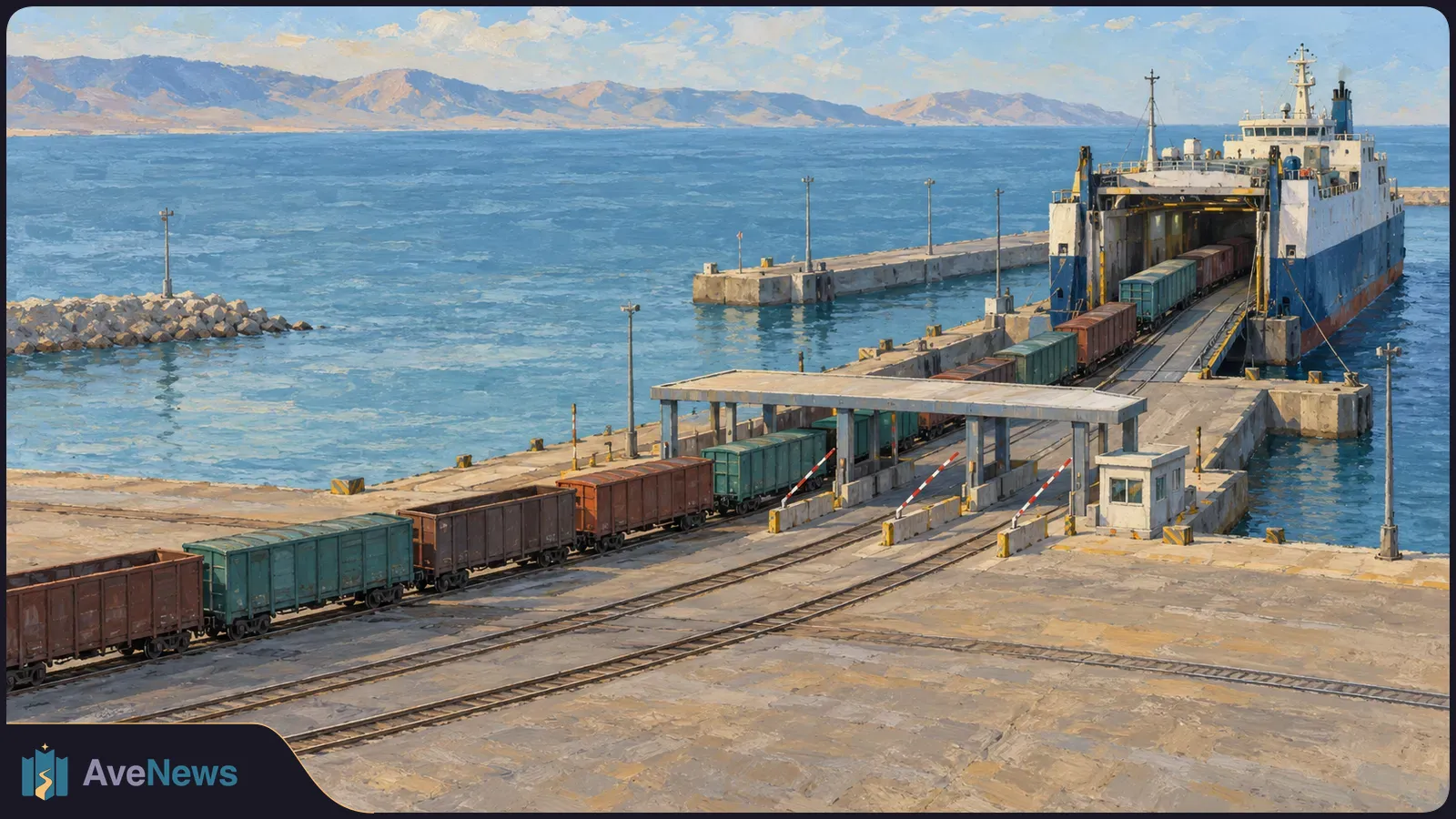 Painted view of freight railcars on tracks leading onto a docked ferry, with blue water and mountains beyond. SI illustration