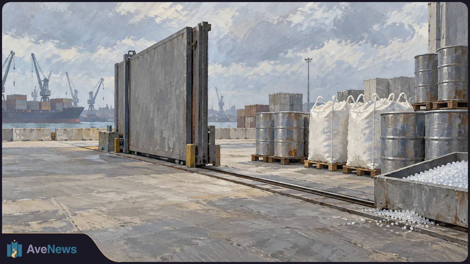 Painted port scene with a large metal gate, stacked drums, white bulk bags and spilled plastic pellets; cranes and a cargo ship stand across the water. SI illustration