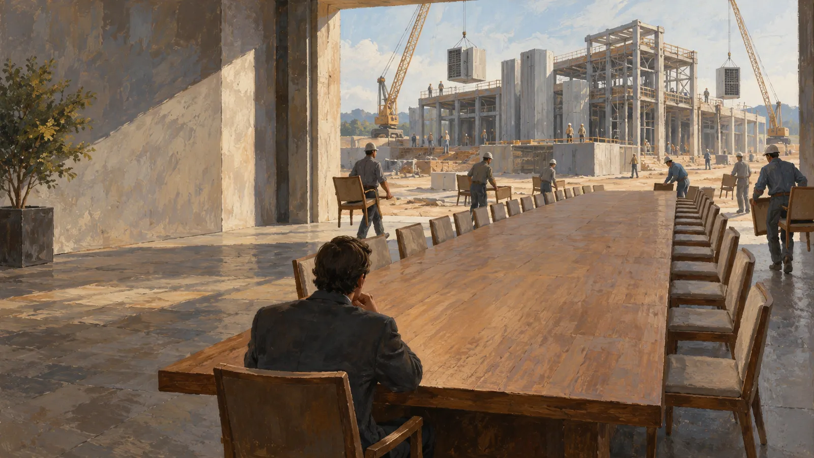 A man sits at the end of a long wooden table as workers carry chairs nearby. Beyond them, cranes lift equipment beside a building under construction. SI illustration