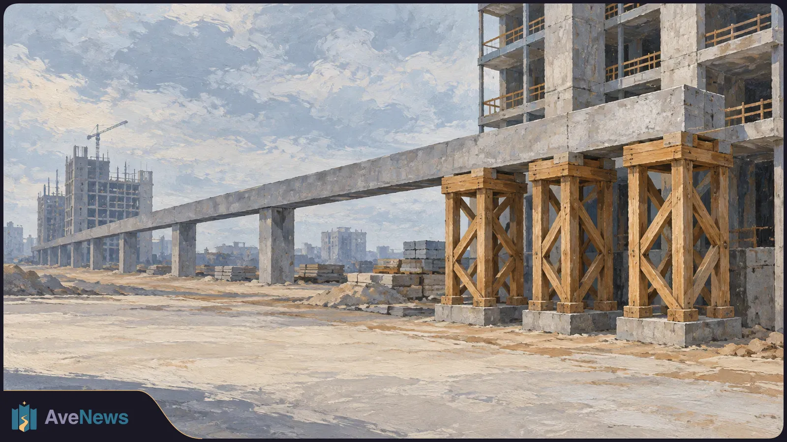 Painterly view of an unfinished concrete building and a long elevated beam held up by wooden supports, with another construction site and crane in the distance. SI illustration