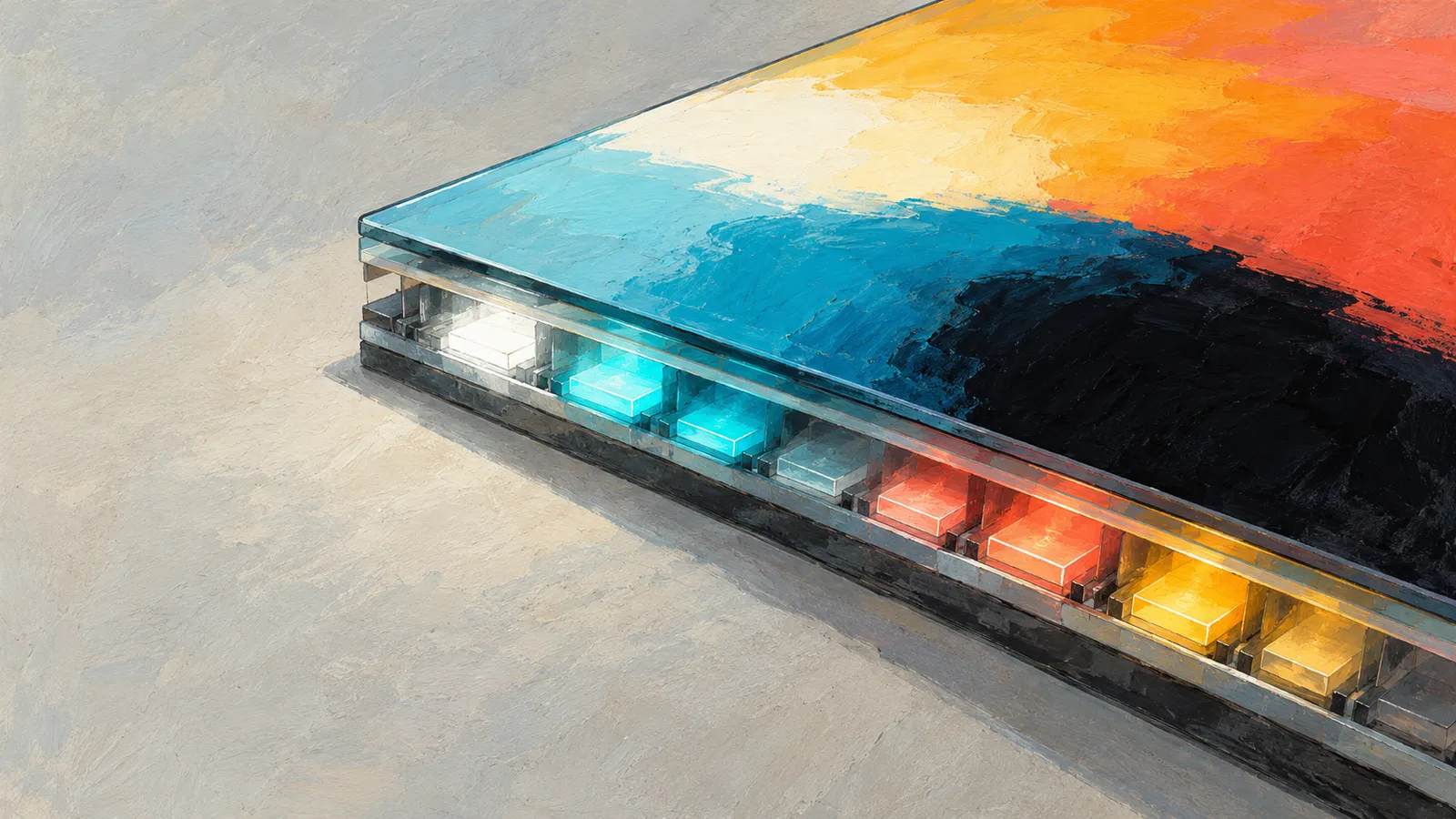 Illustration of a layered display panel with broad bands of blue, orange and black above a row of glowing colored blocks. SI illustration