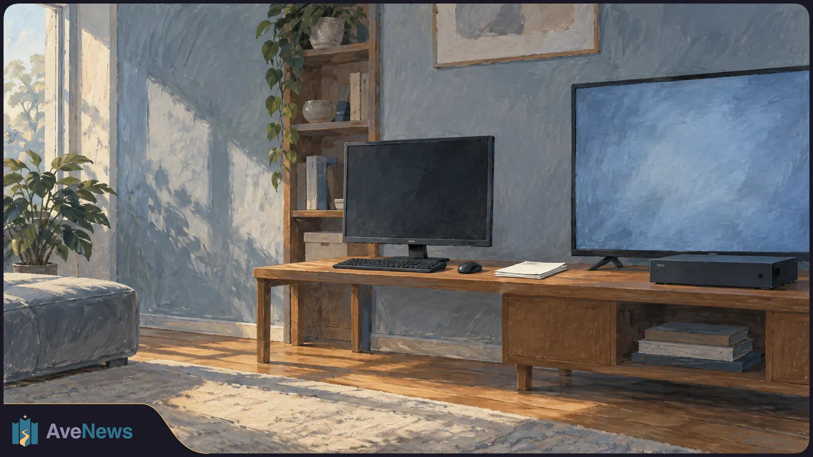 Painted living room with a dark computer monitor, keyboard and mouse beside a large blue blank TV screen and a black box on a wooden cabinet. SI illustration