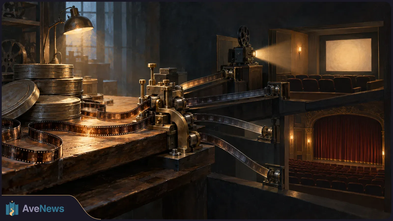 Film reels and strips pass through vintage machinery toward two miniature cinema auditoriums, one with a glowing screen and the other with a curtained stage. SI illustration