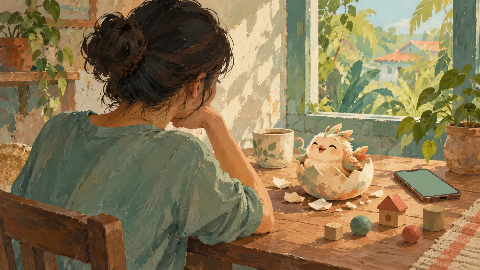 A woman sits at a sunny table facing a smiling chick in a cracked eggshell, beside a cup, phone and small wooden toys. SI illustration