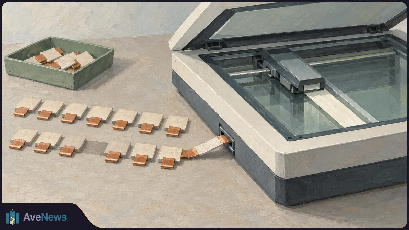 Illustration of an open flatbed scanner on a tabletop, beside two rows of small white-and-copper pieces and a green tray holding more. SI illustration