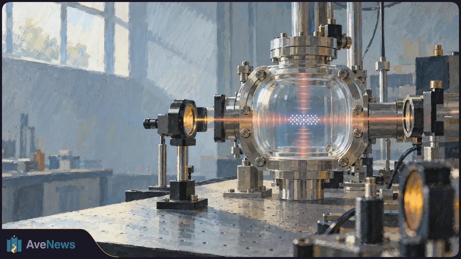 Painted laboratory scene with a horizontal amber beam crossing a glass chamber containing a cluster of white dots, surrounded by metal optical equipment. SI illustration