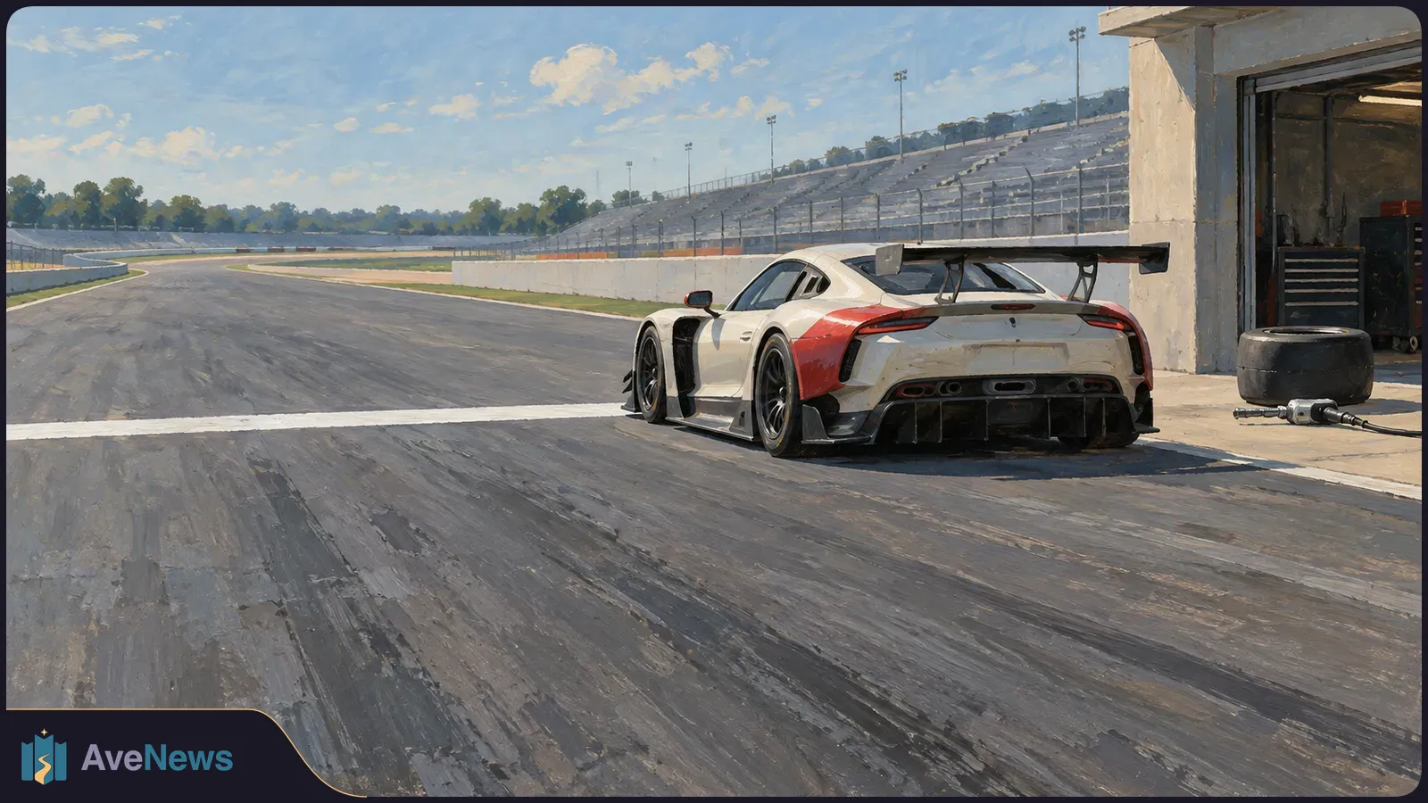 Painted scene of a white-and-red race car in a pit lane beside a garage, with a tire and impact wrench nearby and empty grandstands beyond. SI illustration