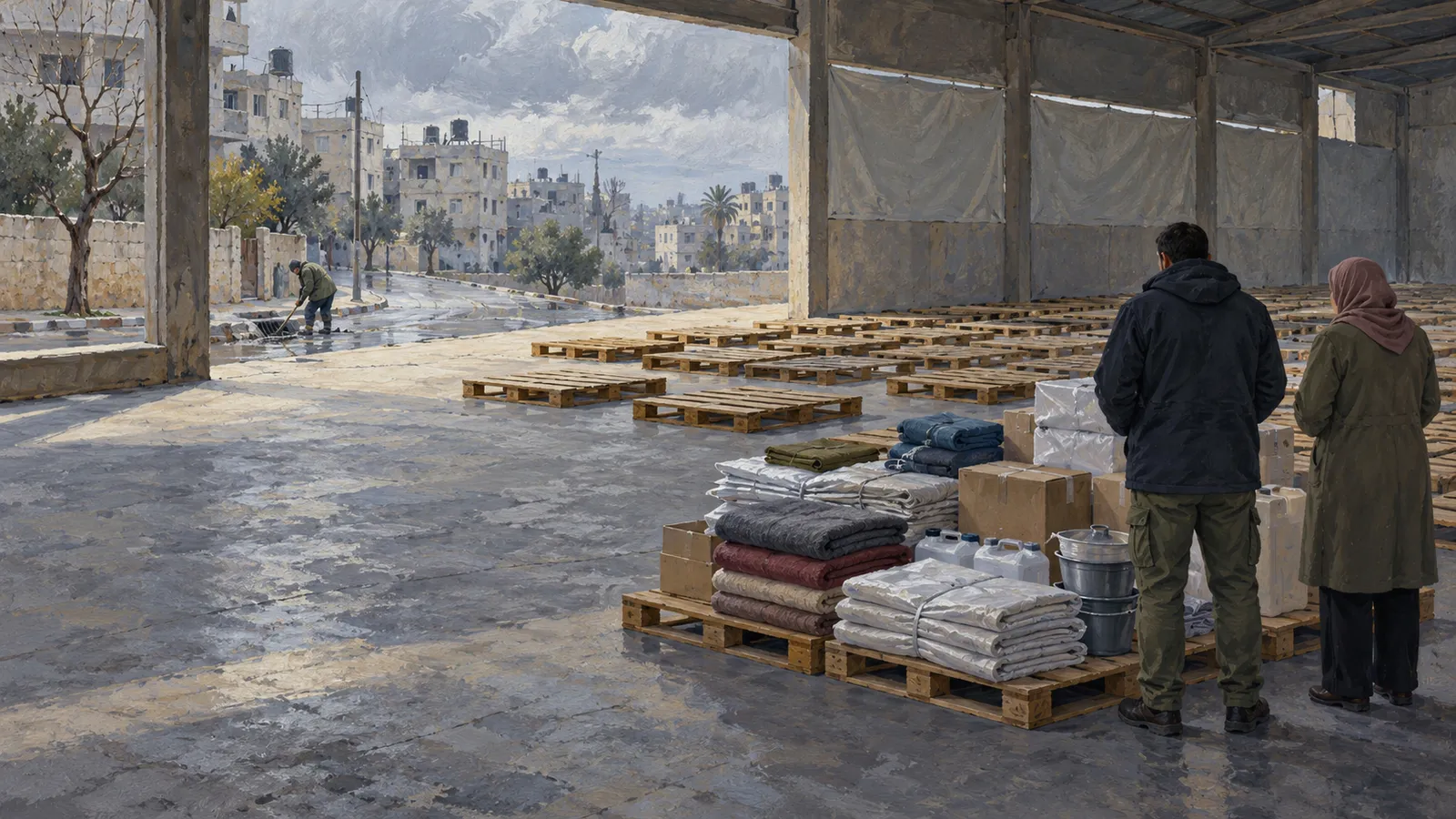 Two people stand beside pallets of folded blankets, boxes and containers in a large open warehouse; outside, another person works near a drain. SI illustration
