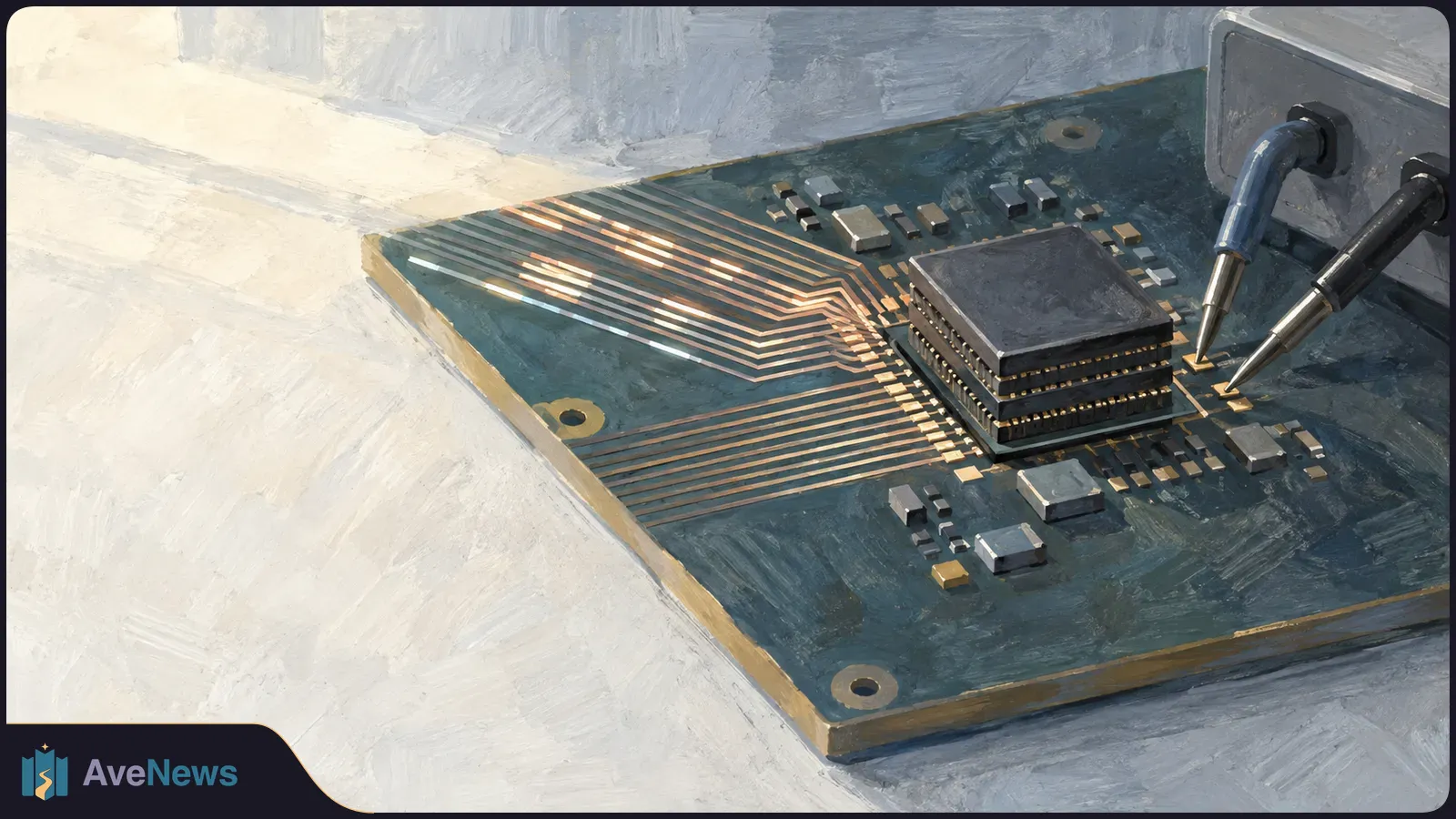 Painterly illustration of a stacked chip on a dark circuit board, with copper traces and two probe tips touching contacts beside it. SI illustration