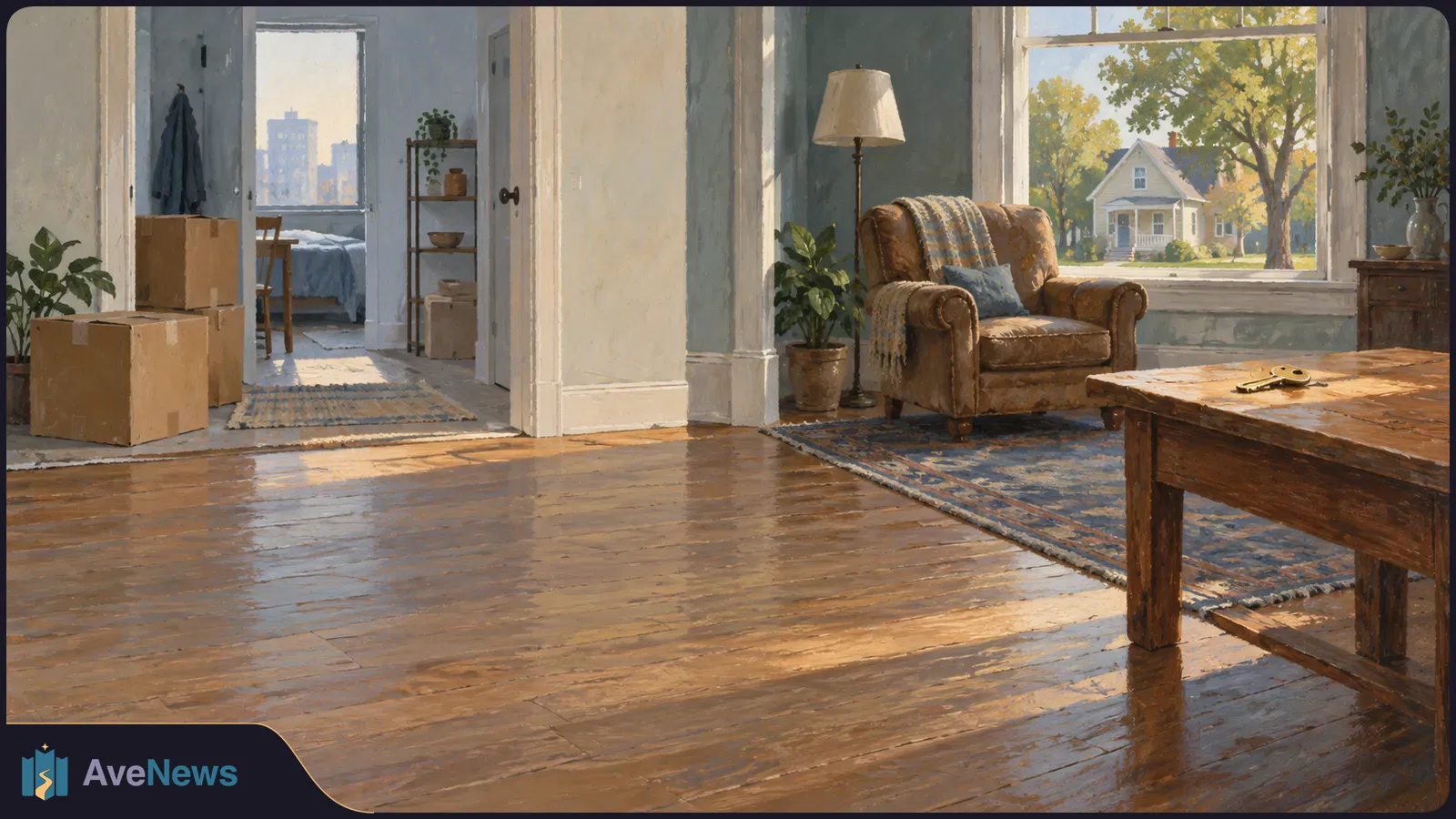 Painted sunlit room with moving boxes, an armchair and a key on a wooden table. A house is visible through the window. SI illustration