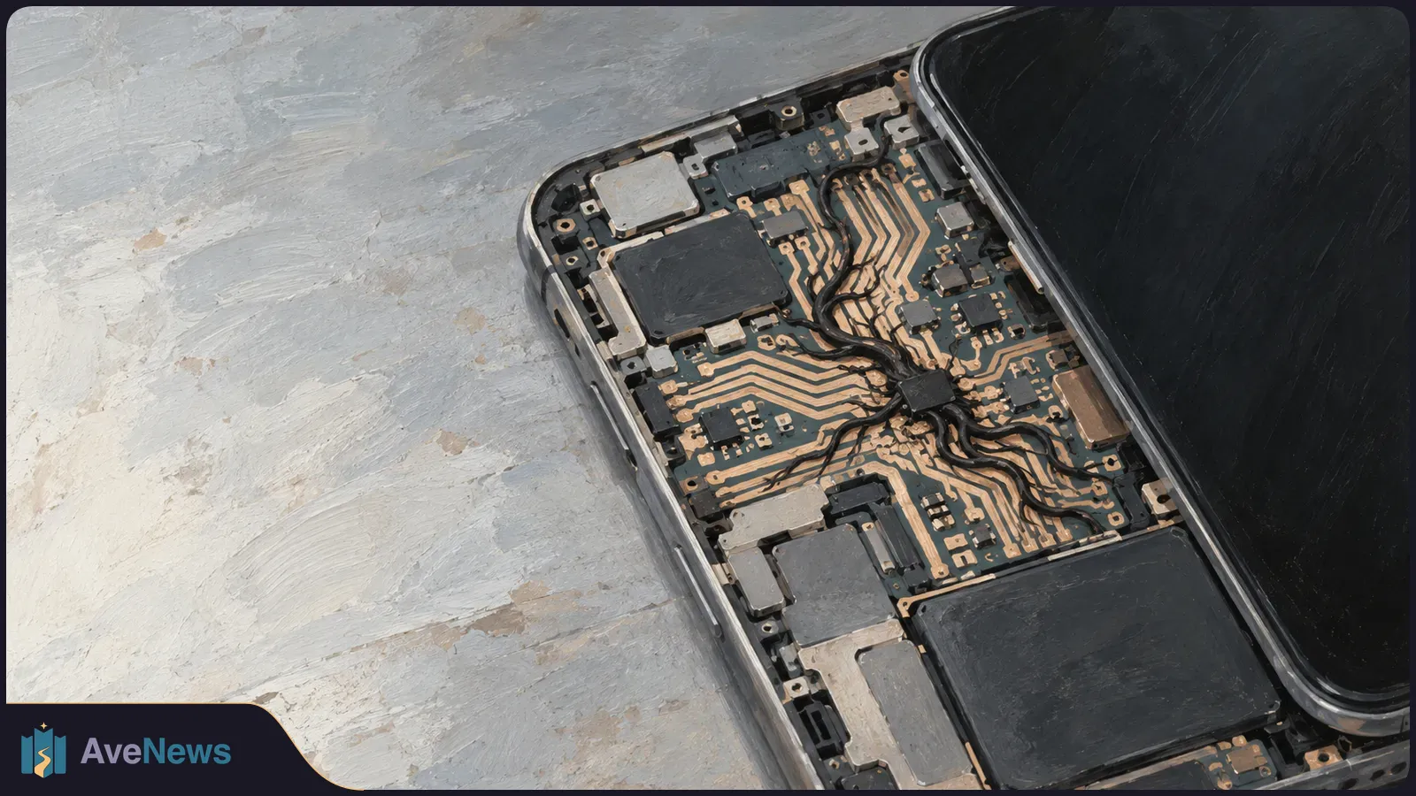 Painterly close-up of an opened smartphone, showing circuit traces, chips and a dark screen folded to one side. SI illustration