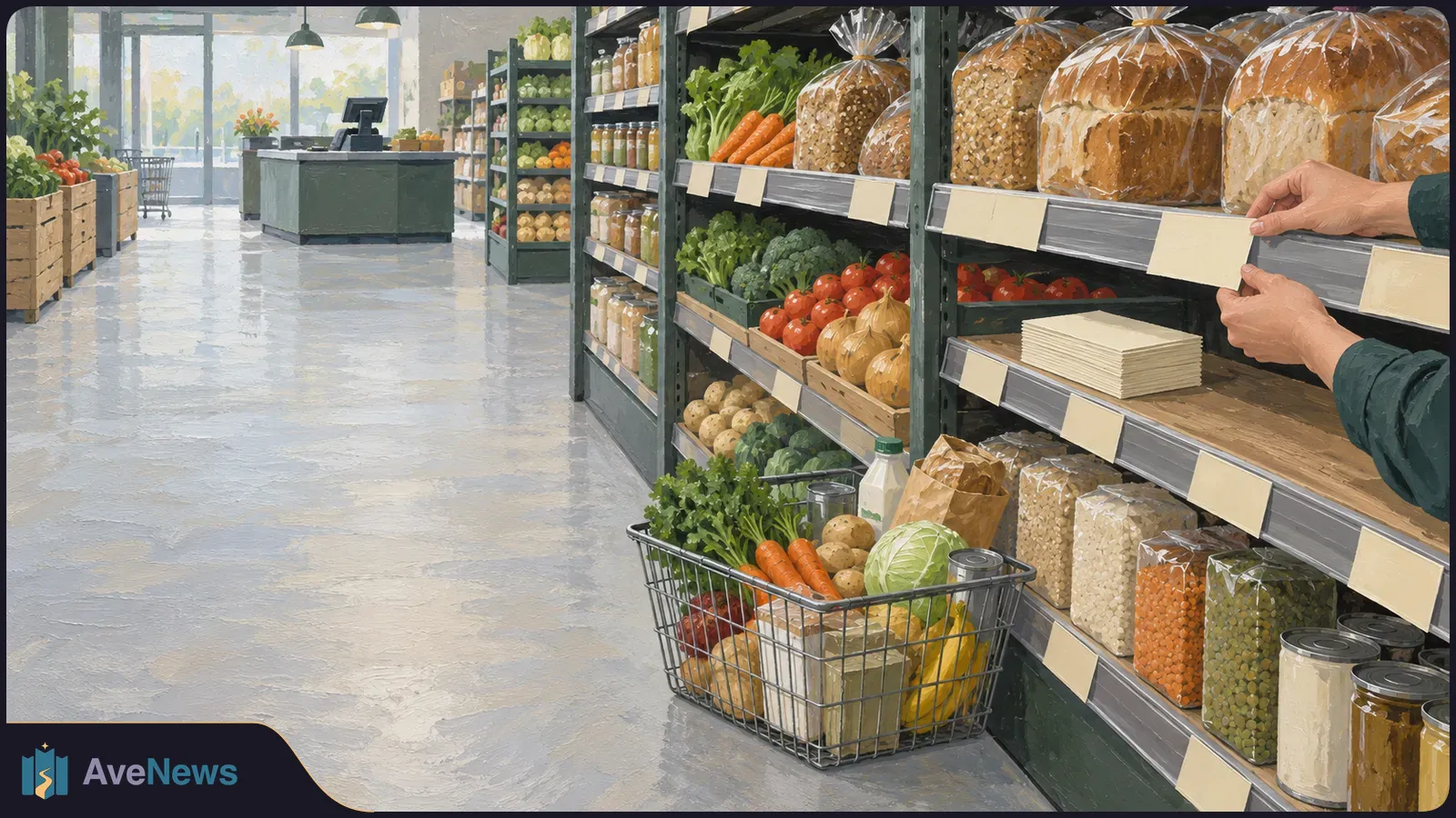 An illustrated supermarket aisle with bread and vegetables on shelves. Hands adjust a blank shelf label beside a basket full of groceries. SI illustration