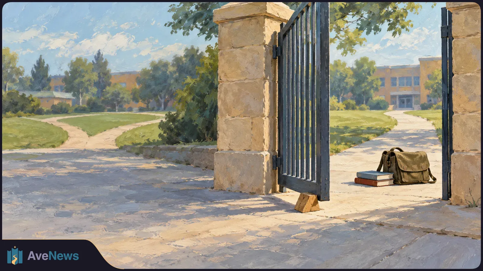 Painted scene of an open iron gate leading toward a school building, with a satchel and two books on the path beneath trees. SI illustration