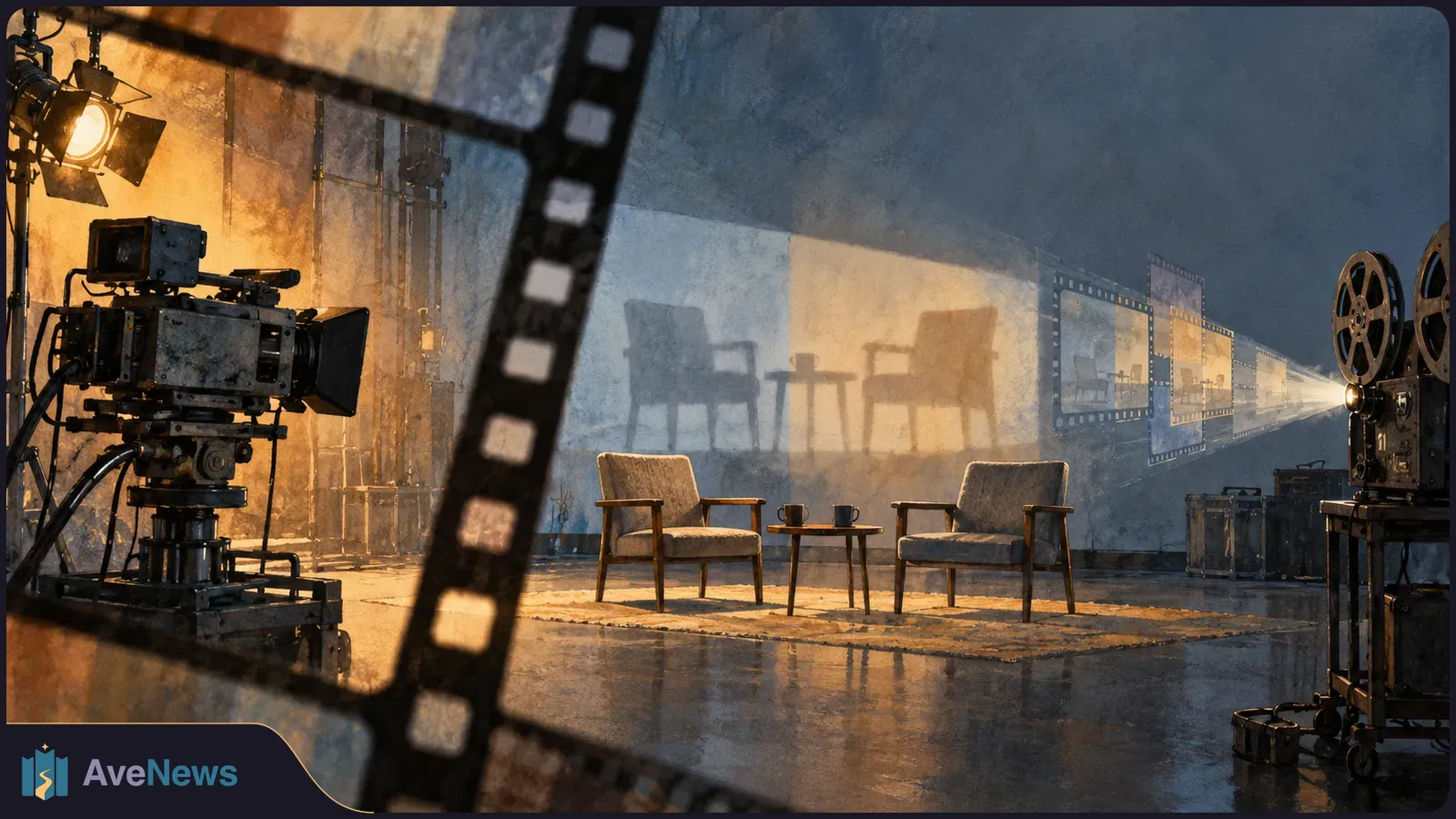 A film camera and projector frame two empty armchairs and a small table under studio lights, with large film strips crossing the scene. SI illustration