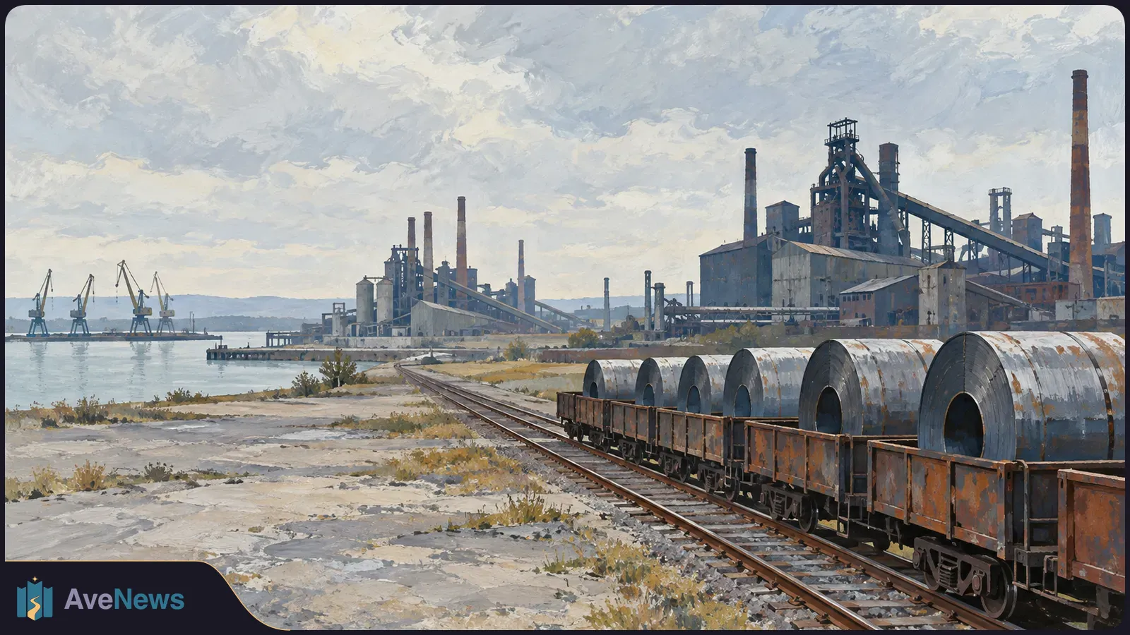 Painted waterfront steelworks with smokestacks and cranes; rail wagons carry large steel coils along tracks in the foreground. SI illustration