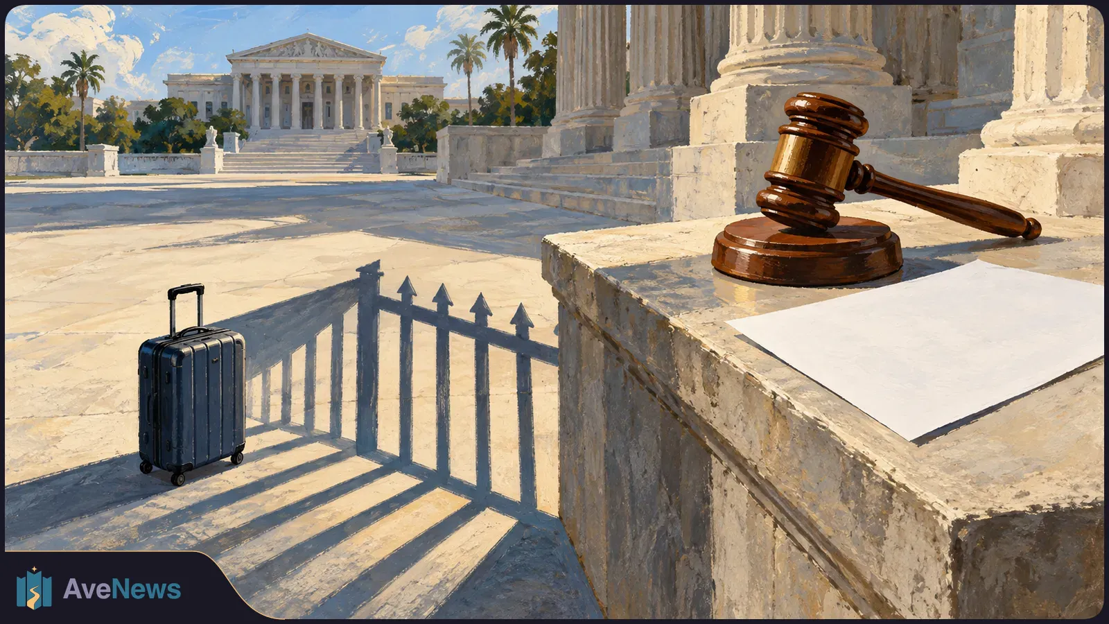Illustration of a gavel and blank sheet on a stone ledge outside a columned courthouse, with a suitcase nearby and another courthouse in the distance. SI illustration