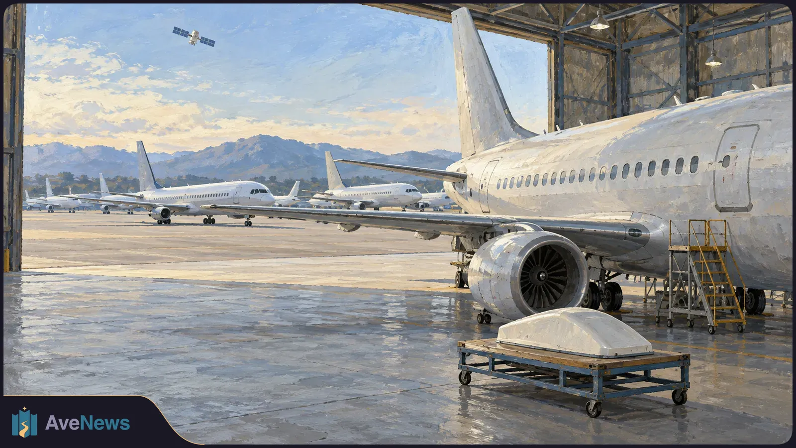Painted view from an aircraft hangar: a large white jet in the foreground, several jets outside, and a small satellite above distant mountains. SI illustration