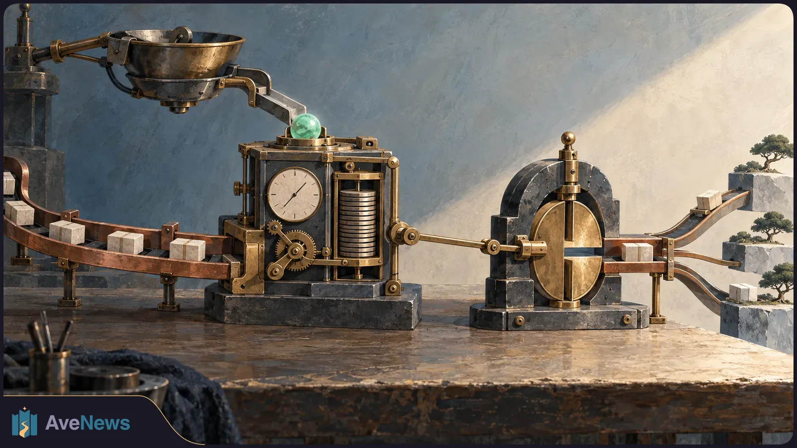 A brass-and-stone conveyor carries white blocks past a clock-faced machine and a circular gate. A green orb sits above the machine; tracks branch toward small trees on the right. SI illustration