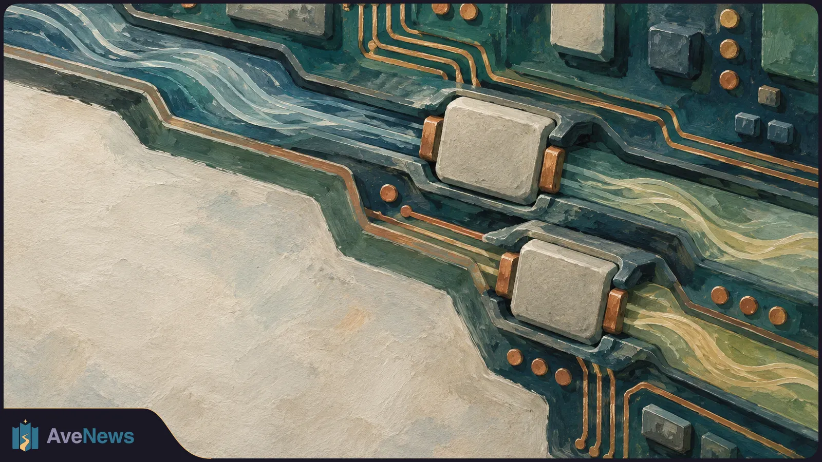 Painted close-up of a dark green circuit board with two pale rectangular components, copper traces and flowing light-colored lines. SI illustration