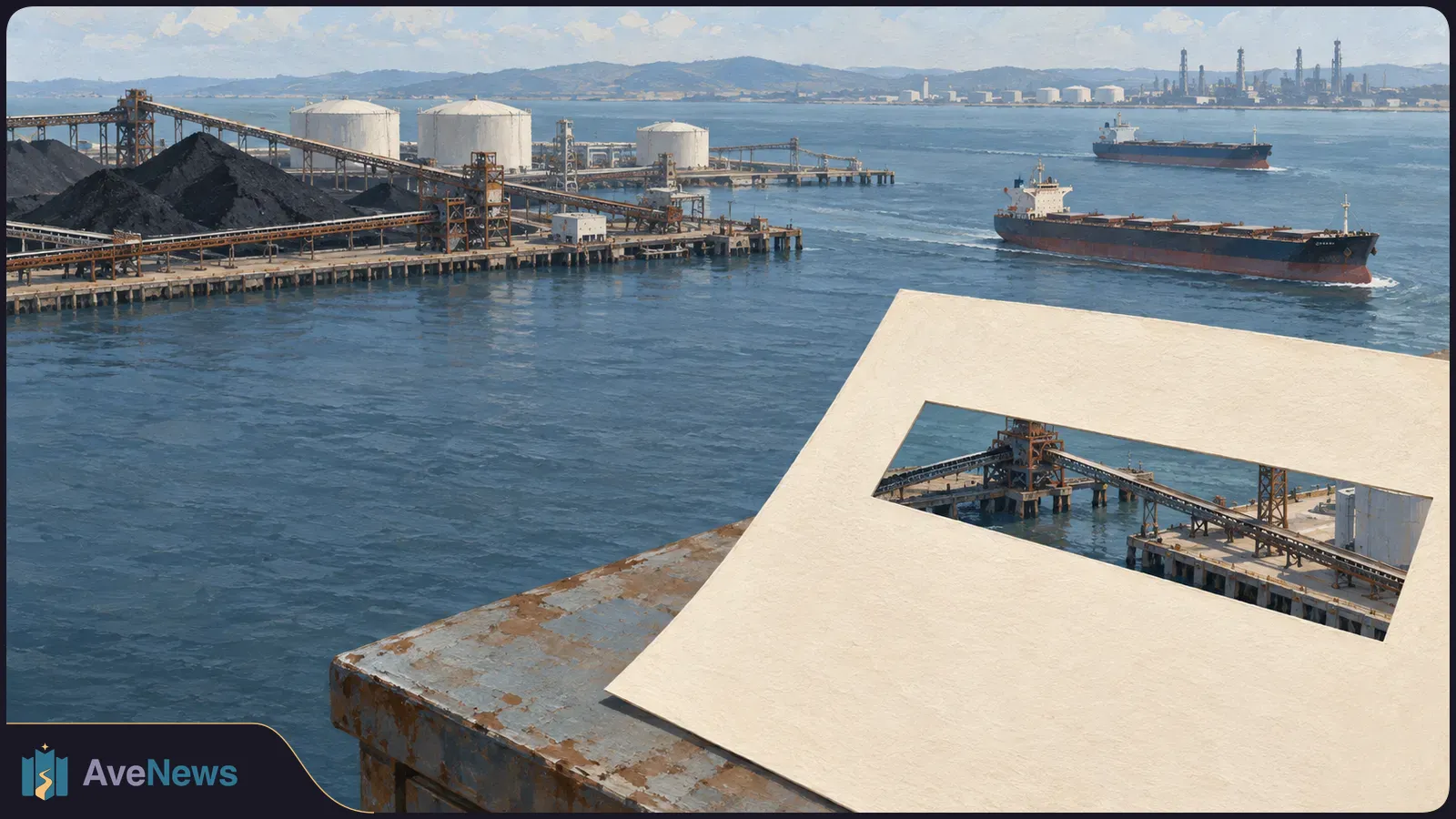 Illustration of a coal port with dark stockpiles, conveyors, storage tanks and cargo ships. A blank cream sheet with a rectangular cutout fills the foreground. SI illustration