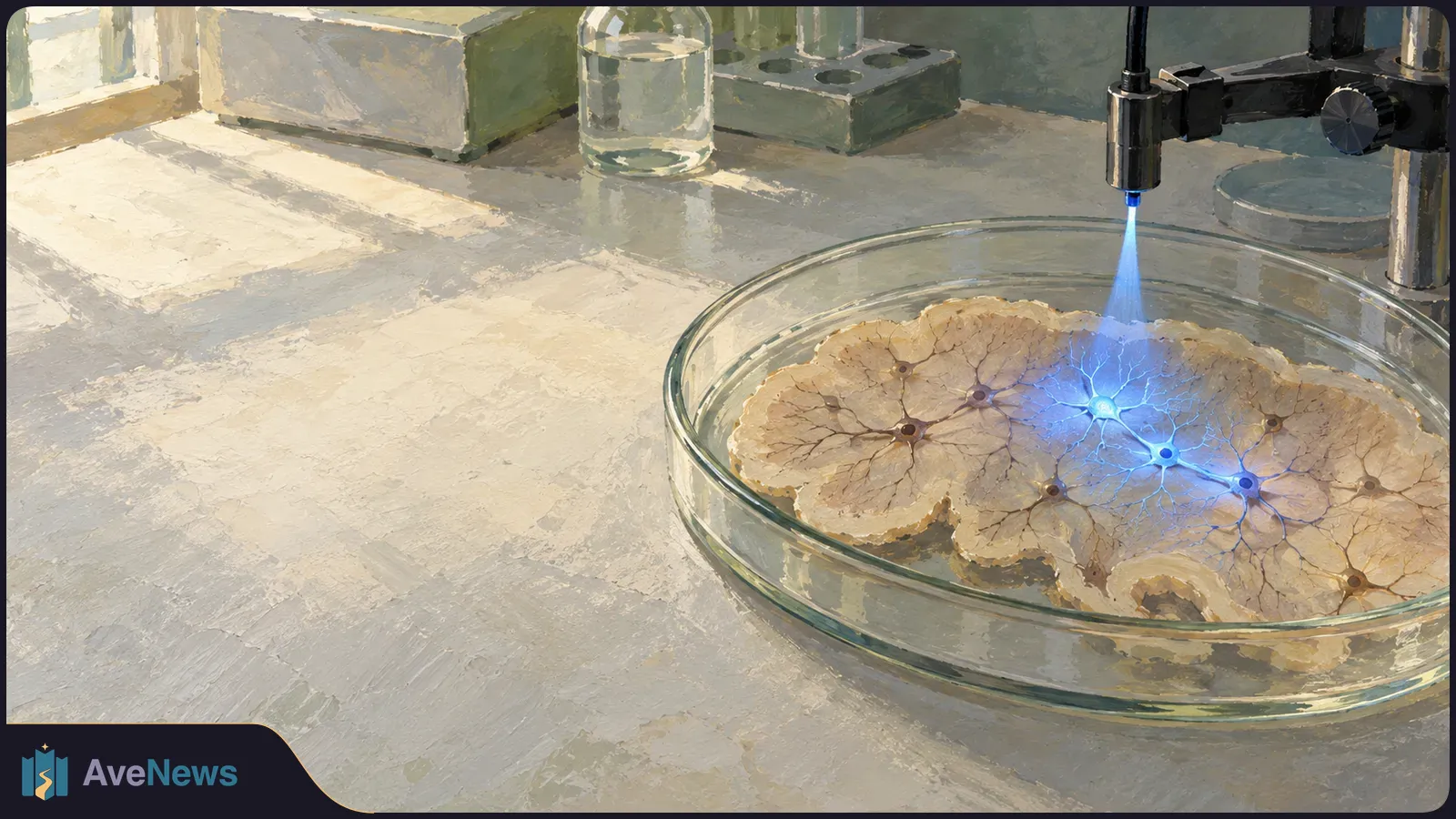 Painted lab scene: a blue beam shines onto glowing neurons in a brain-tissue slice inside a glass dish. SI illustration