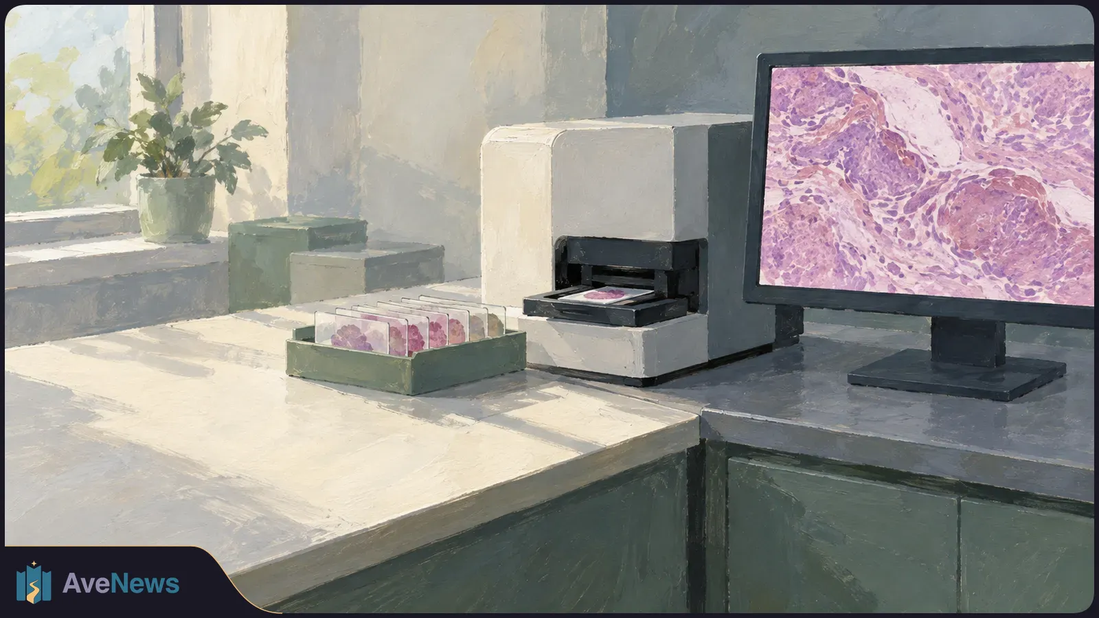 Painted pathology workspace with glass slides, a slide scanner and a monitor showing a pink-and-purple tissue image. SI illustration