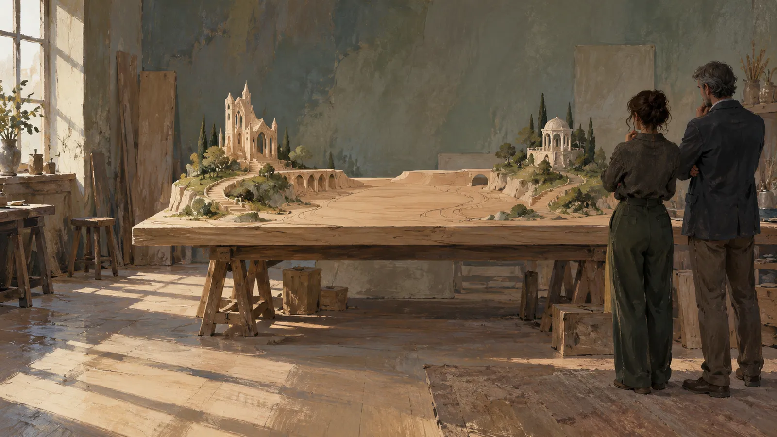 Two people stand in a sunlit studio looking at a large tabletop model of a landscape with miniature buildings, trees and winding paths. SI illustration
