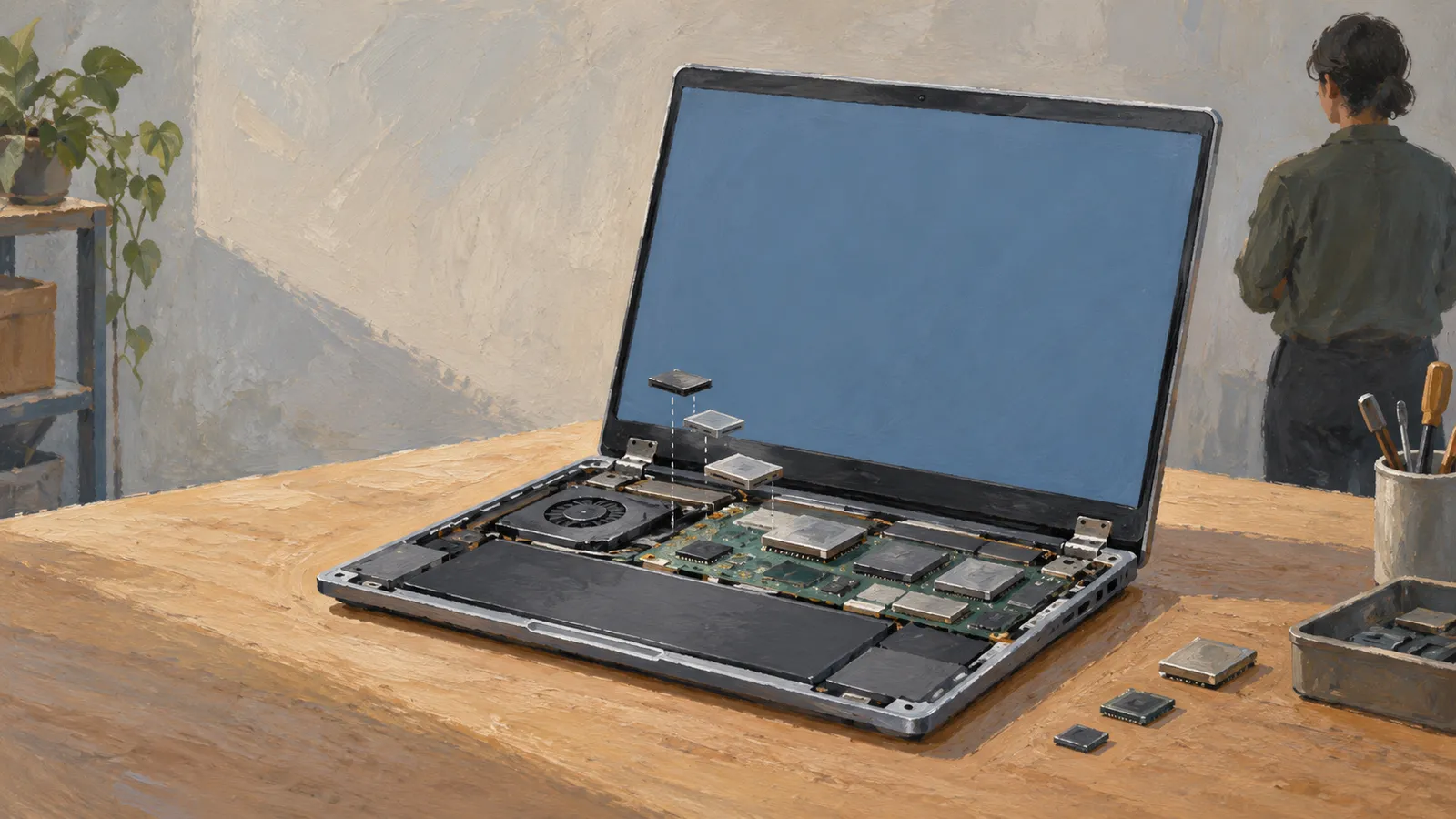 Illustration of an open laptop with exposed circuitry and a blank blue screen on a workbench. Chips and tools lie nearby, and a person stands with their back turned. SI illustration