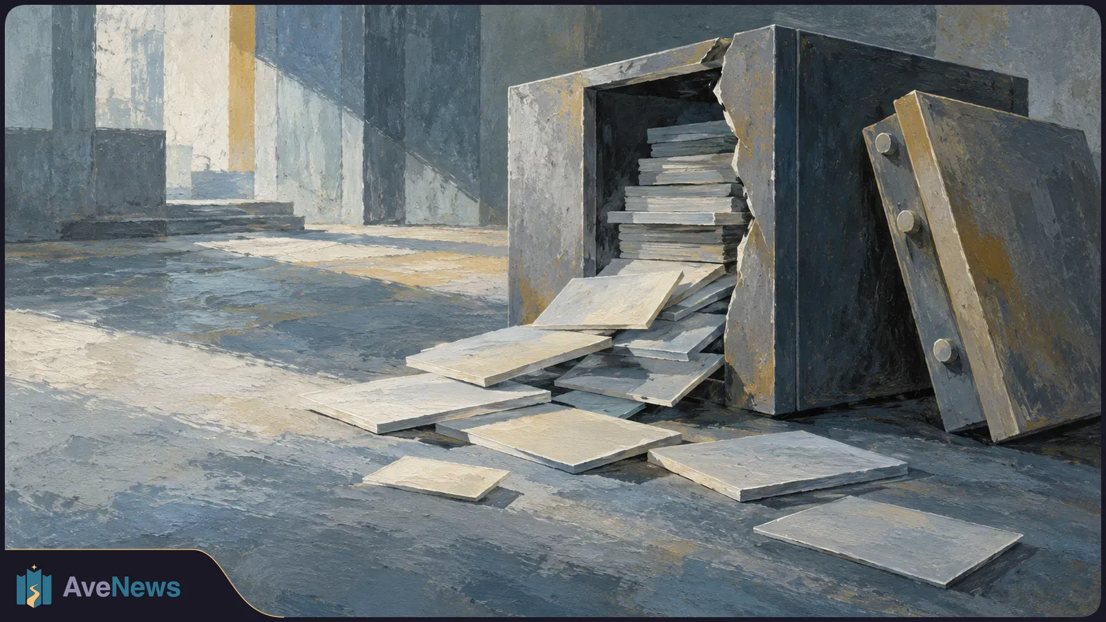 Painterly illustration of an open, cracked metal safe filled with papers, with loose sheets scattered across a gray floor. SI illustration