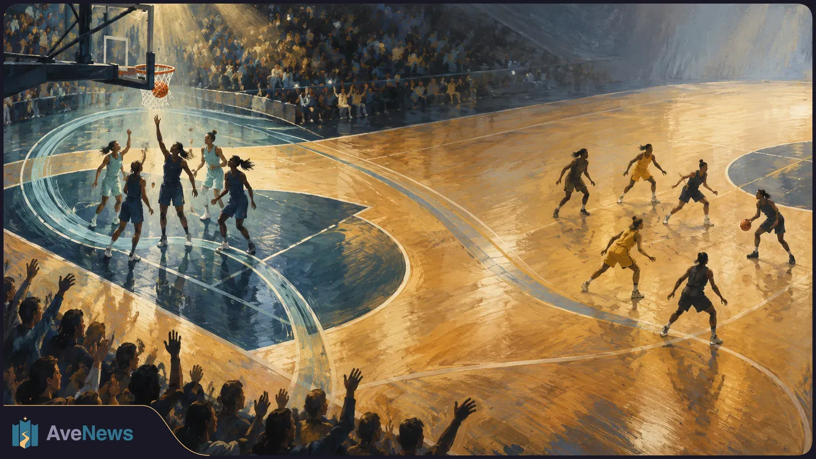 Painterly view of women playing basketball on a brightly lit indoor court, with players near the left hoop and others moving with the ball on the right as spectators cheer. SI illustration