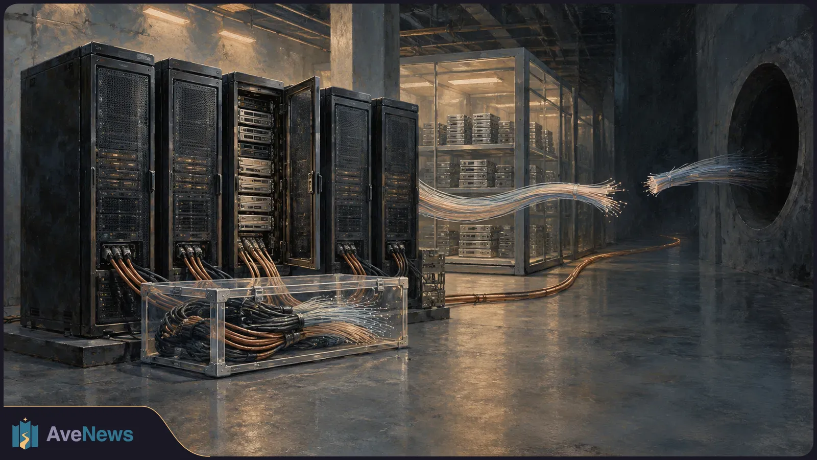 In a dim server room, black server racks stand beside cable bundles that break apart in midair; more equipment is visible behind glass. SI illustration