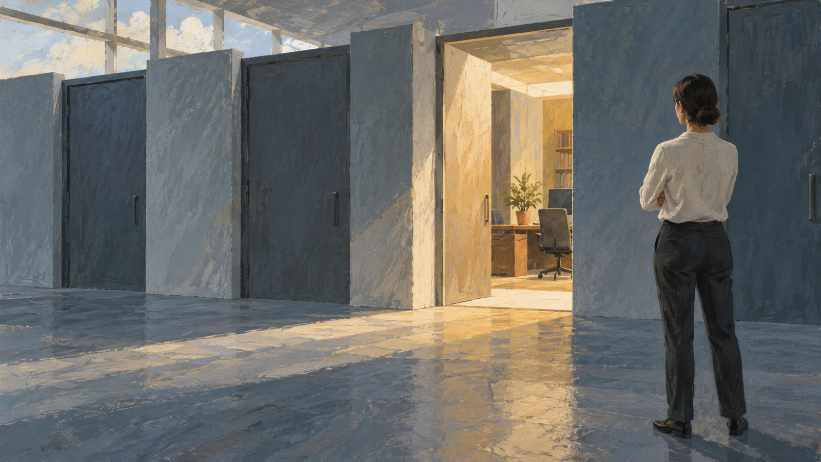 A painted scene shows a woman facing an open, warmly lit office door in a blue-gray hallway lined with closed doors. SI illustration