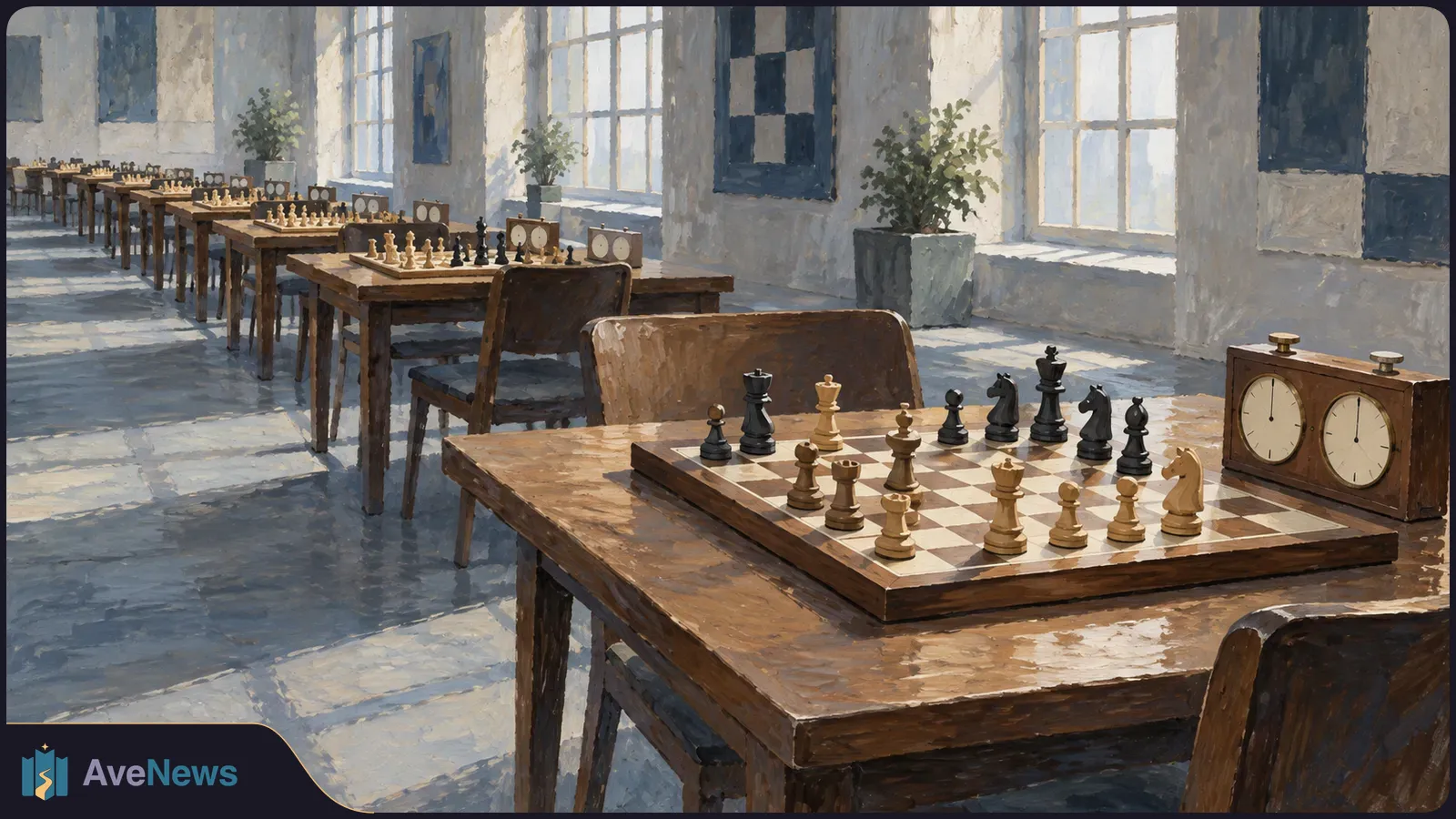 A painted, sunlit room with rows of chess tables and clocks. A chessboard with pieces and a wooden clock fills the foreground. SI illustration