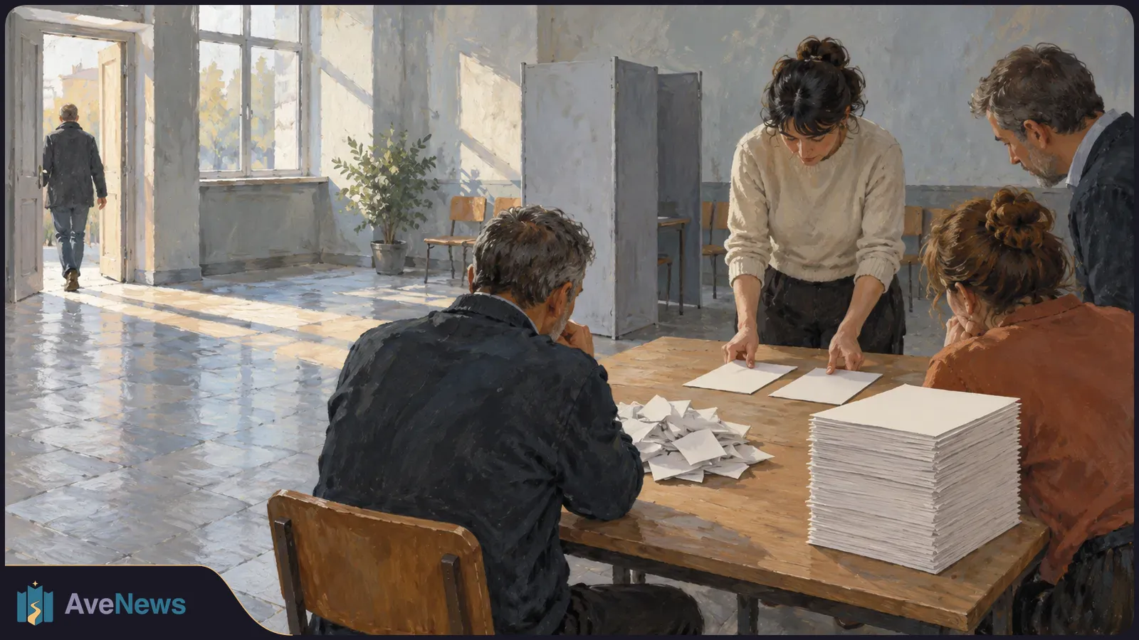 Painted scene of four adults at a table with stacks of blank papers and small slips; another person walks through an open doorway. SI illustration