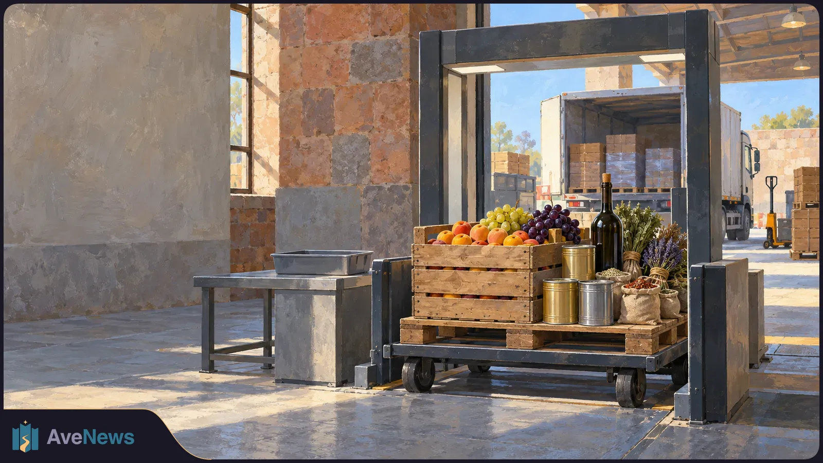 A crate of fruit and grapes, a wine bottle, tins, herbs and spices sit on a pallet beneath a metal gate, with a loaded truck behind. SI illustration