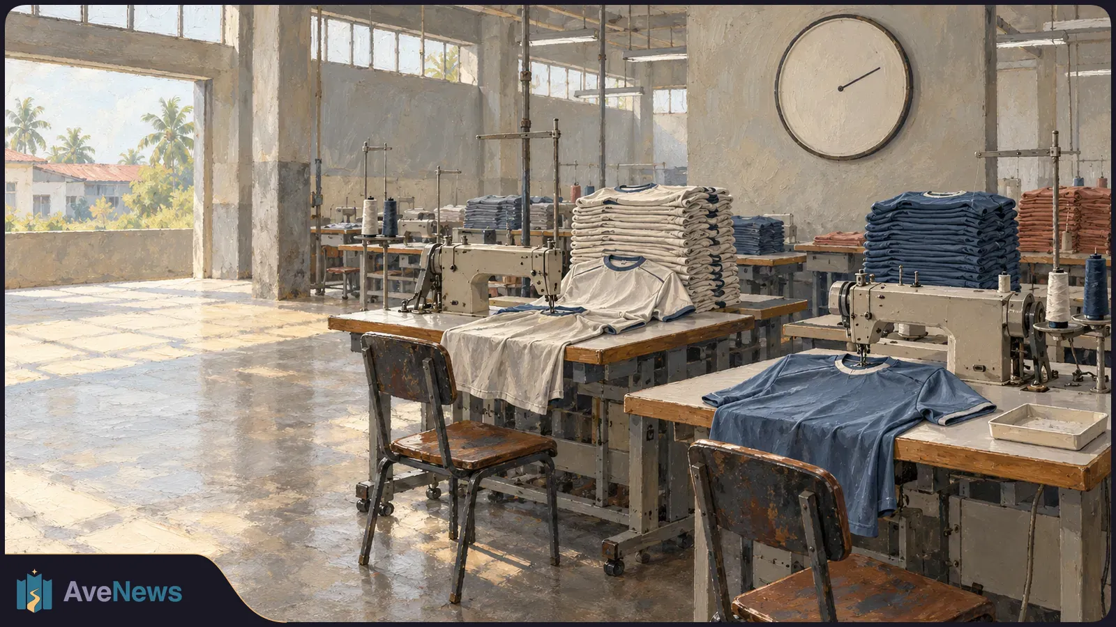 Sunlit sewing workshop with shirts draped over sewing machines, stacks of folded shirts, empty chairs and a large wall clock. SI illustration