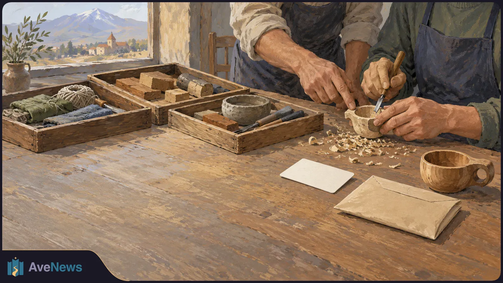 Illustration of two people carving a wooden bowl at a workbench, with tools, wood shavings and trays nearby. A mountain and village are visible through the window. SI illustration