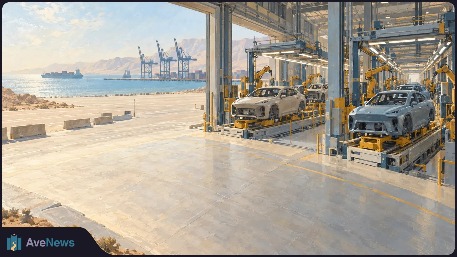 Car bodies sit on parallel robotic assembly lines in a large factory beside a port. Cranes and a cargo ship are visible across the water. SI illustration