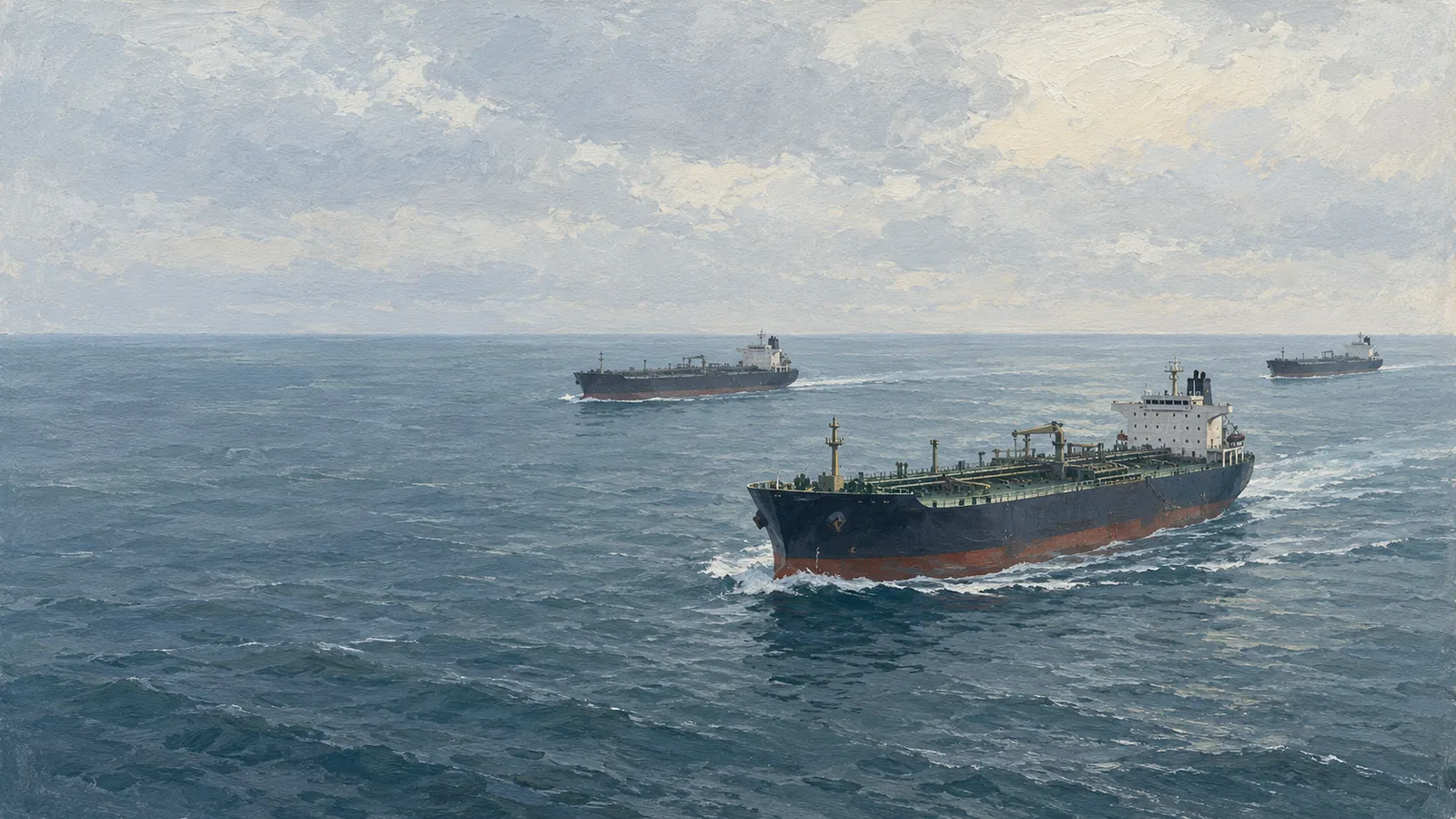 Illustration of three tankers sailing across a blue-gray sea under a cloudy sky, with one large vessel in the foreground. SI illustration