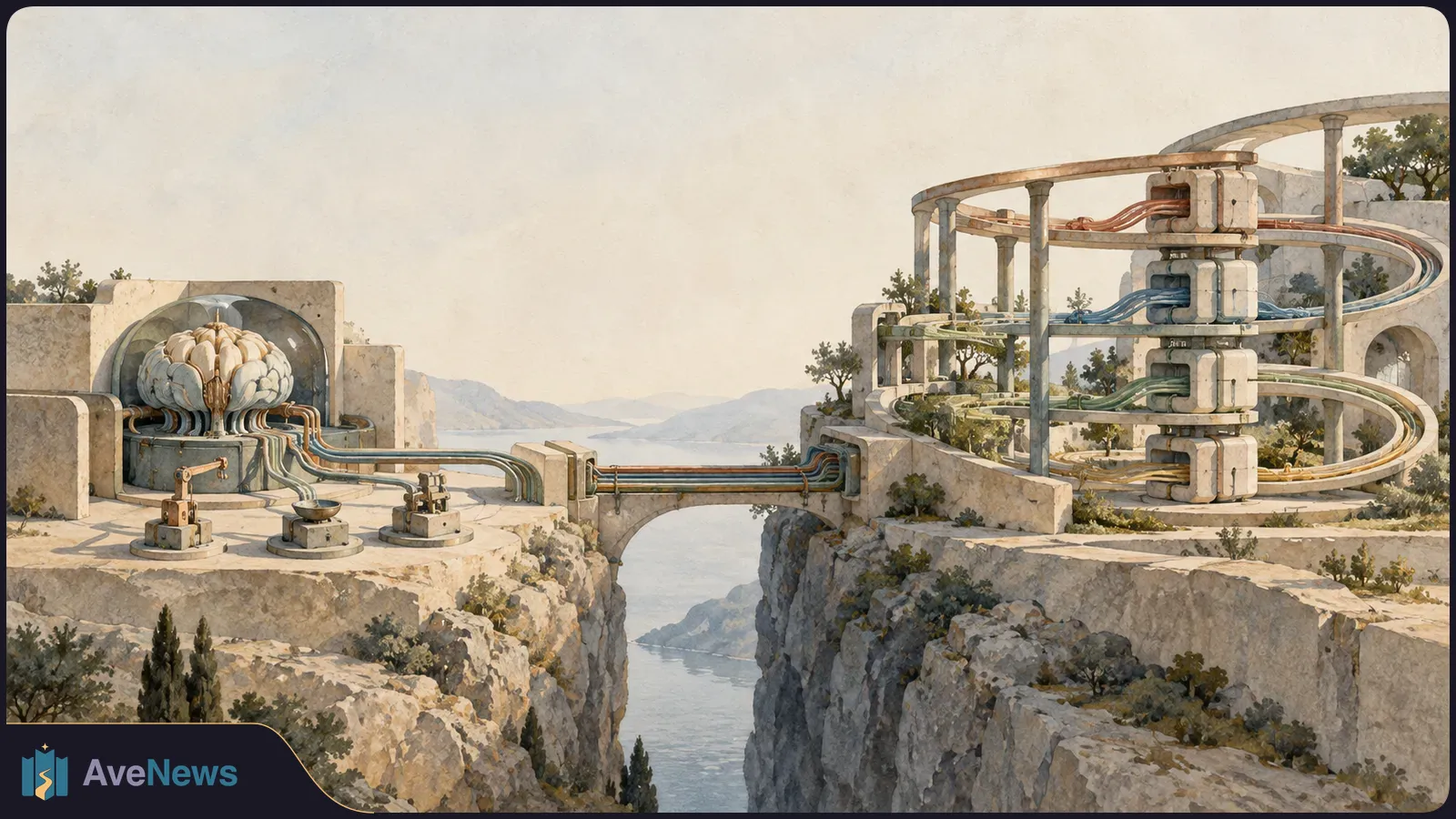 Painted scene of a flower-shaped machine and a tiered network of looping cables on opposite cliffs, linked by a cable-lined bridge above water. SI illustration