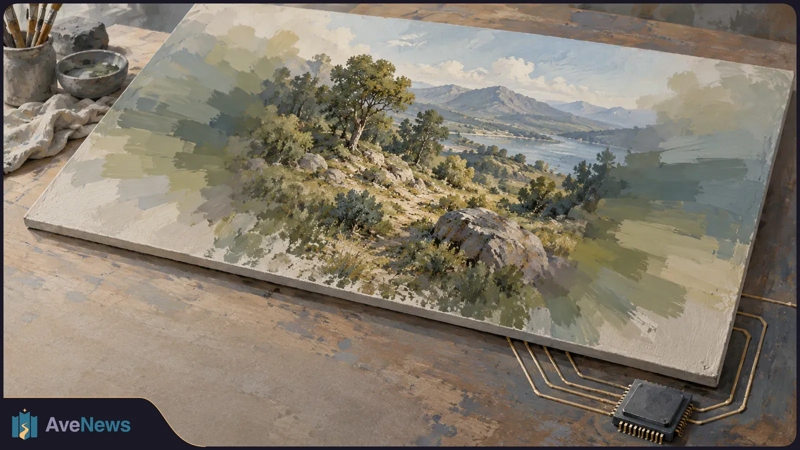 A landscape painting on a tilted canvas shows trees, rocks, a lake and mountains. Brushes and a bowl sit beside it; gold lines run from the canvas to a small chip. SI illustration