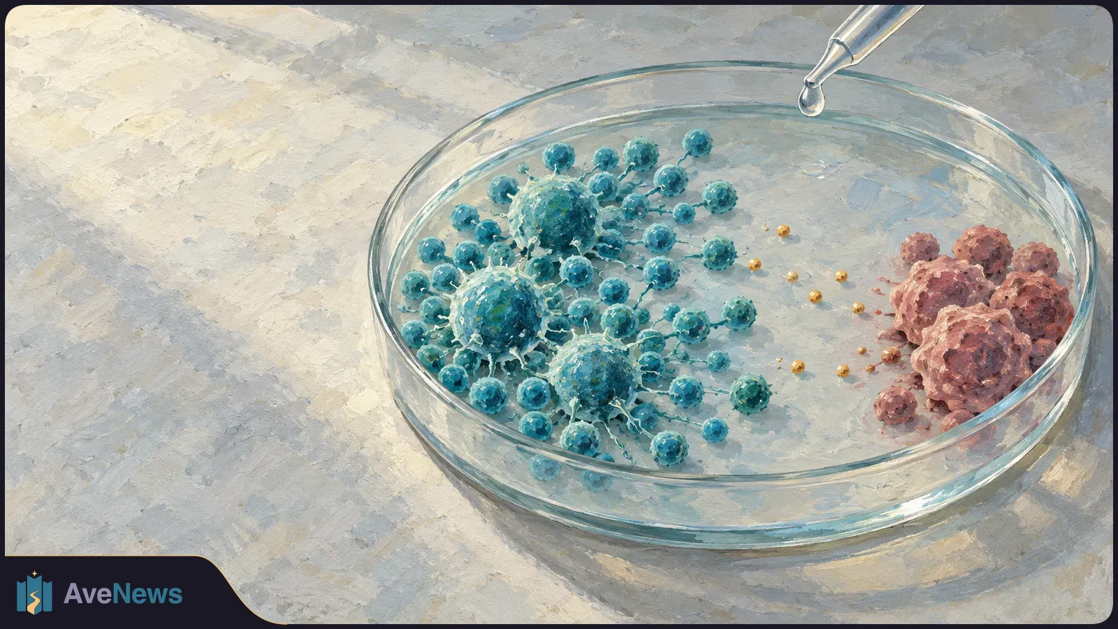 A painted petri dish holds blue spiky cell-like spheres on the left and pink clustered spheres on the right; a droplet hangs from a pipette above. SI illustration