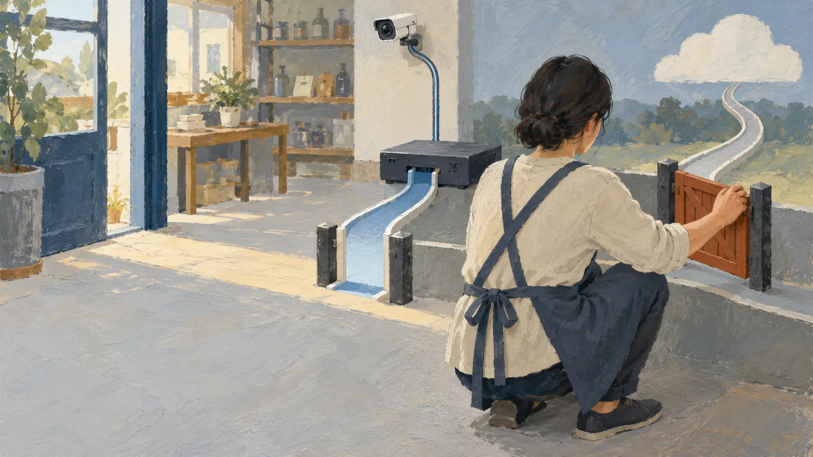 A painted scene shows a person in an apron crouching by a small wooden gate. Nearby, a camera connects by cable to a black box and blue channel; a winding road leads toward a cloud. SI illustration
