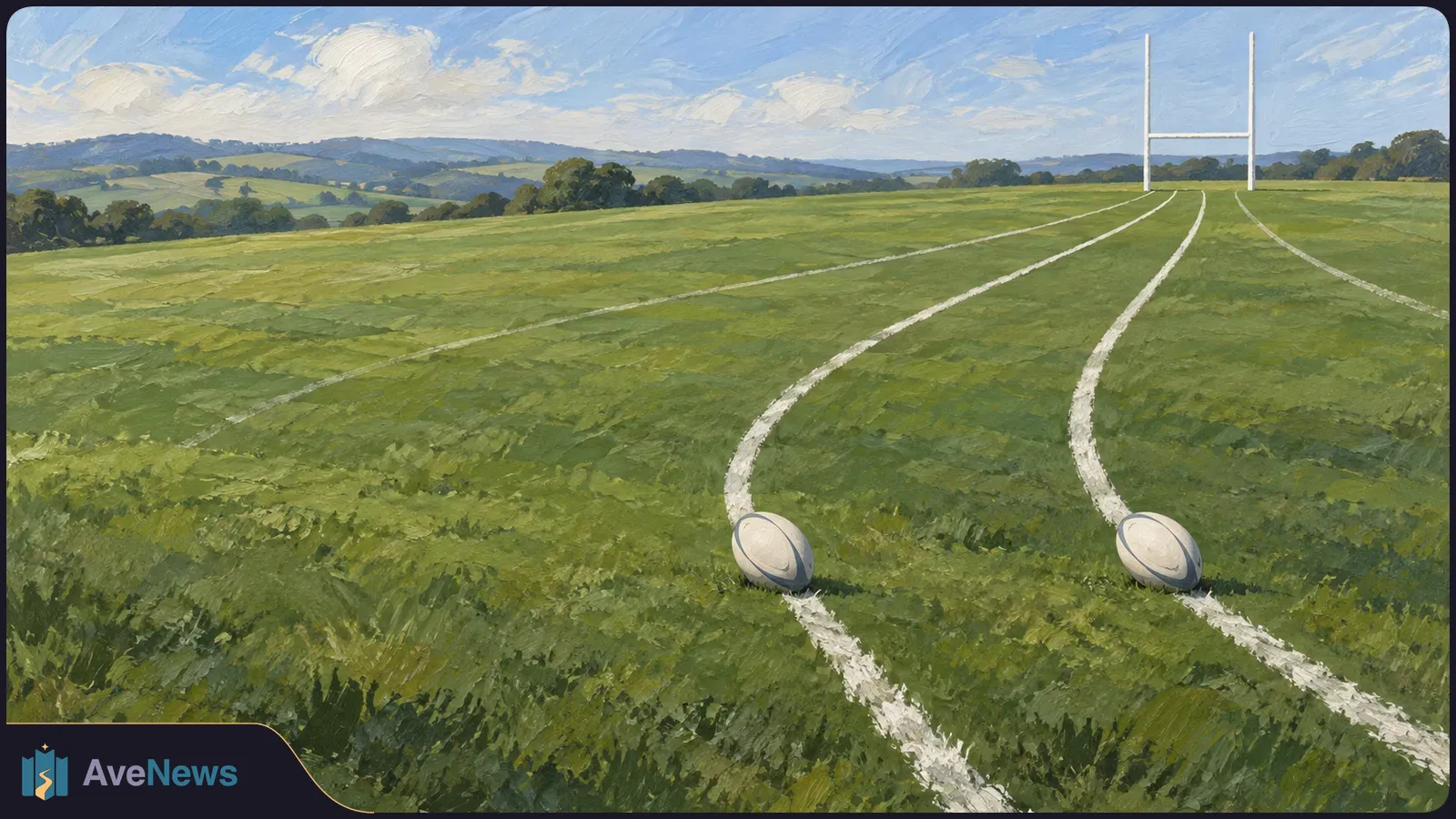 A painted rugby field with two balls on separate curved white lines leading toward the same goalposts, with rolling hills under a blue sky. SI illustration