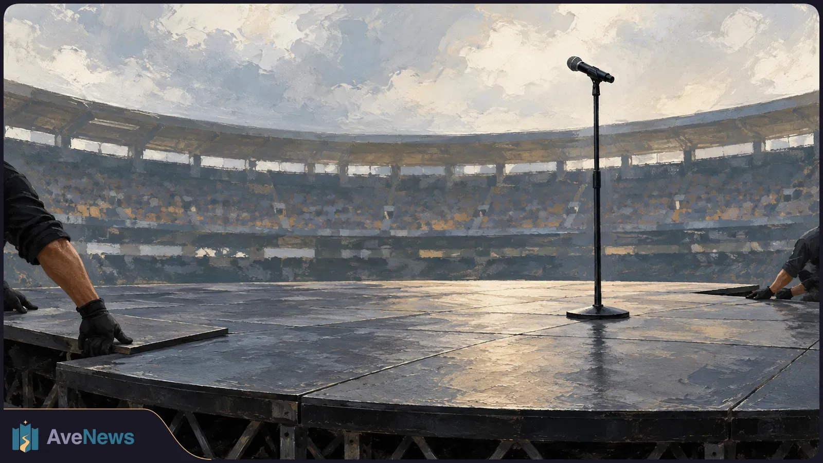 Painted stadium scene with a microphone on an empty stage as gloved workers position stage panels at the edges. SI illustration