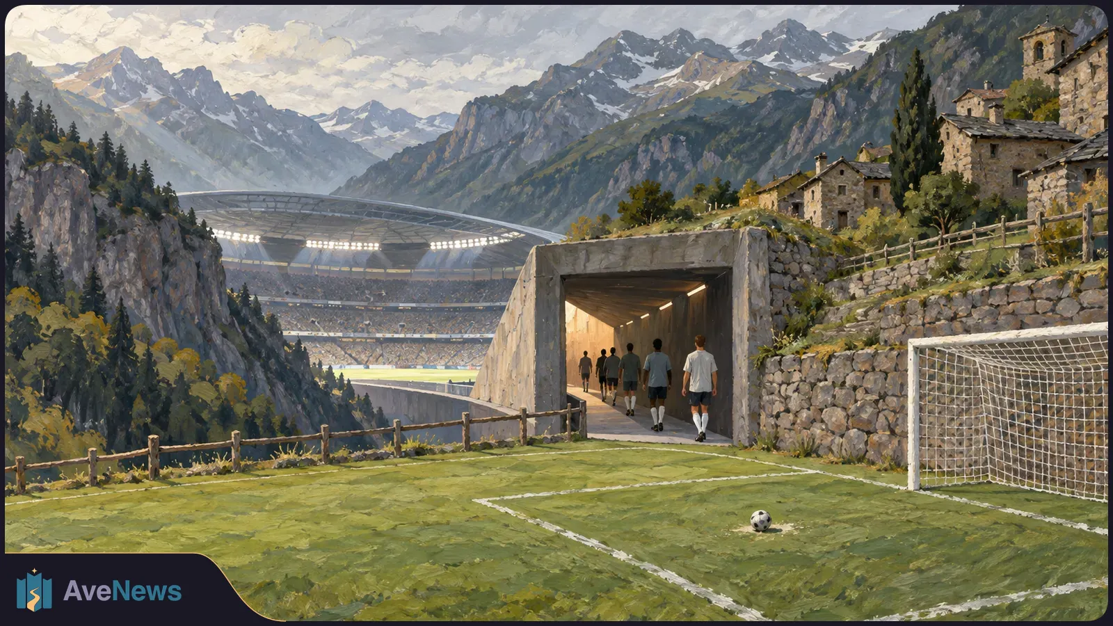Painted mountain landscape with a football pitch, goal and ball in the foreground; several players walk through a tunnel toward a large stadium. SI illustration