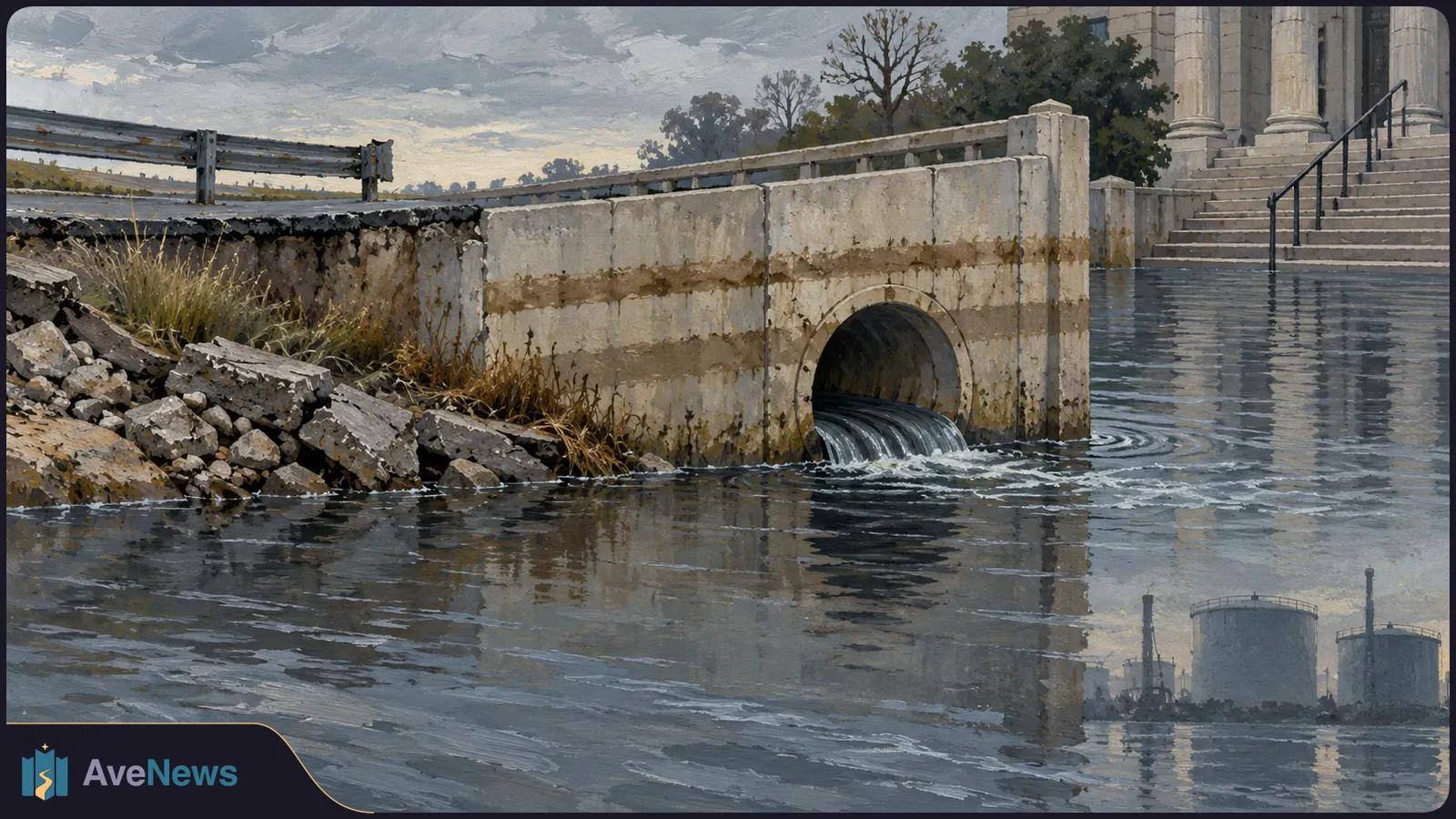 Painted scene of floodwater around a columned building’s steps. Water pours from a concrete drain, and oil storage tanks appear reflected in the foreground. SI illustration
