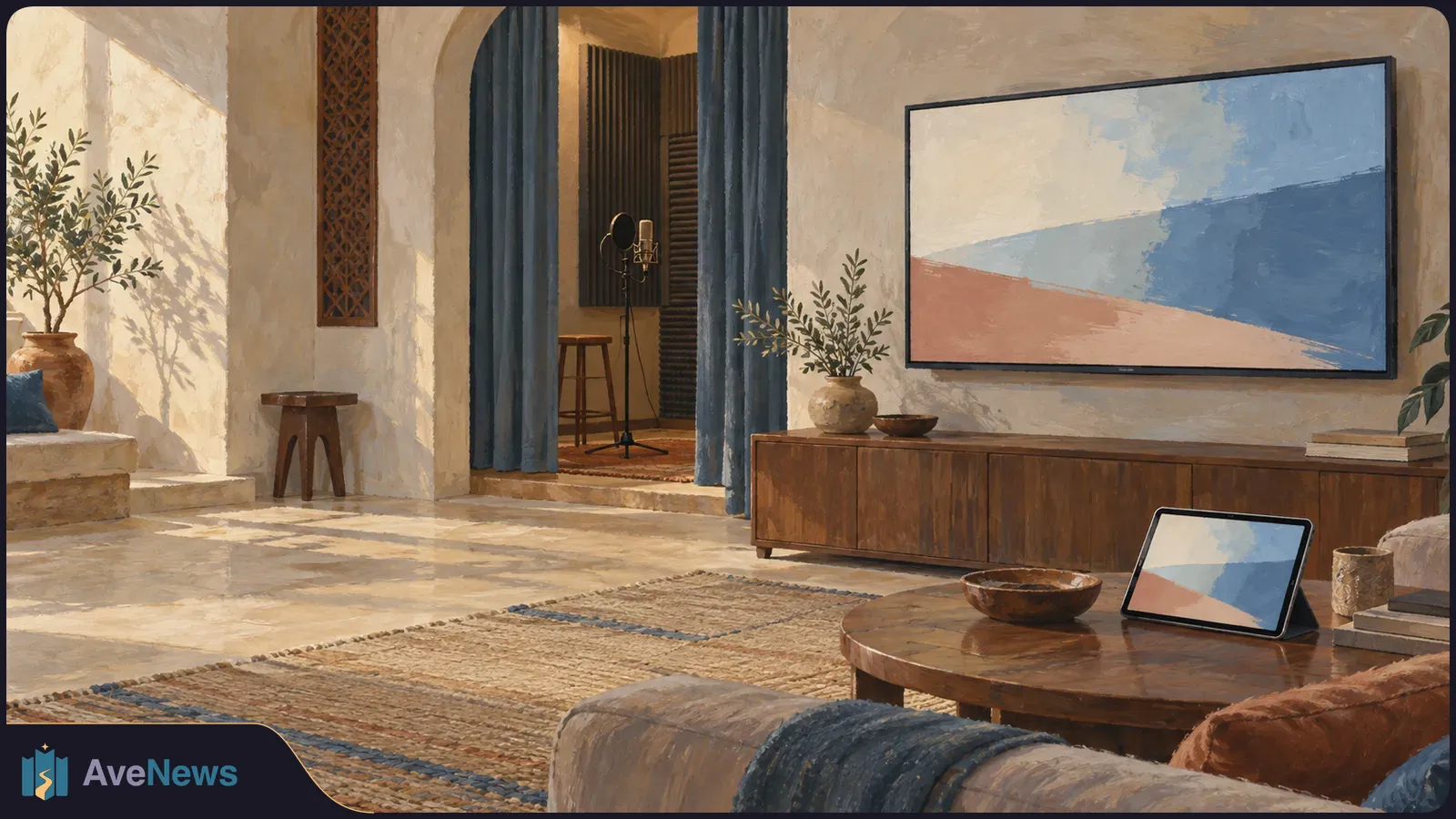 A painted living room with a TV and tablet showing matching blue and peach abstract images; a microphone stands in a curtained alcove. SI illustration