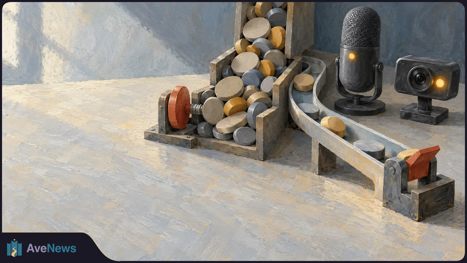 Painted illustration of round pieces moving through a wooden chute beside a black microphone and camera, with red levers at either end. SI illustration