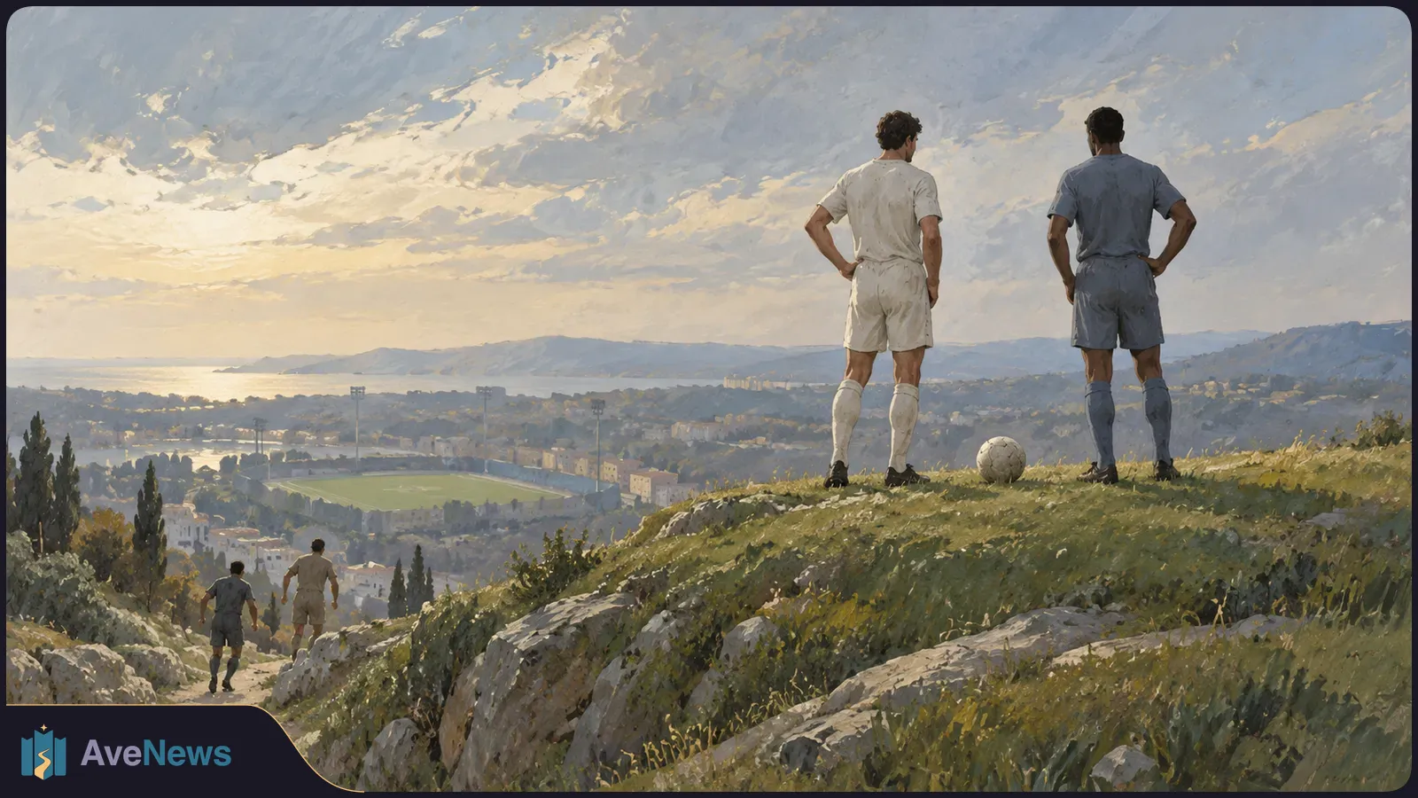 Painted scene of two football players standing beside a ball on a grassy hill, with two more figures on a path below and a stadium, coastline and mountains in the distance. SI illustration